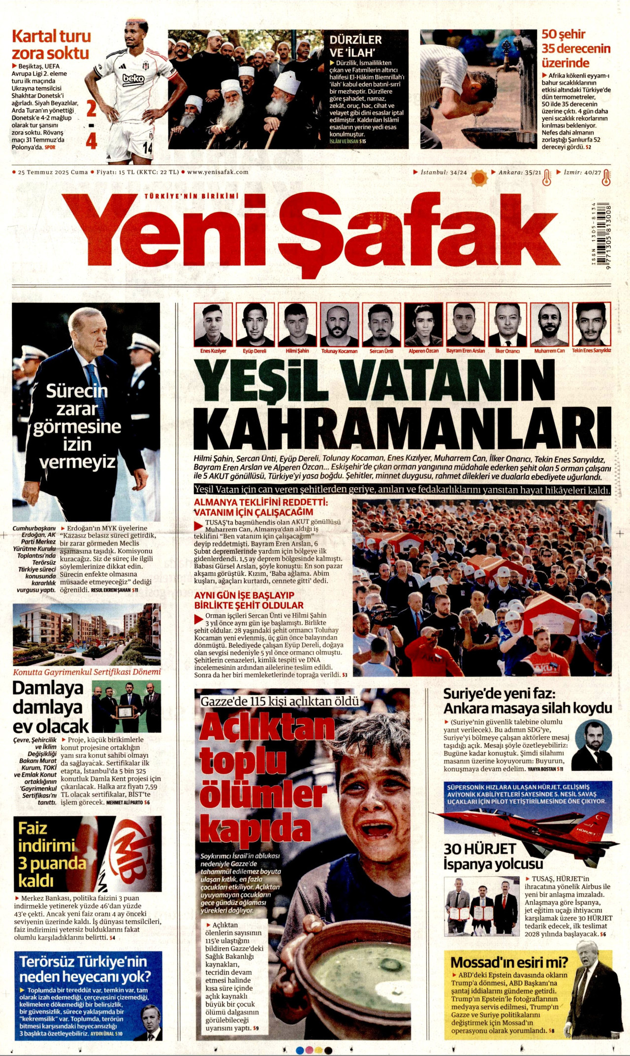 YENİ ŞAFAK gazetesinin 25 Temmuz 2025 tarihli birinci sayfası