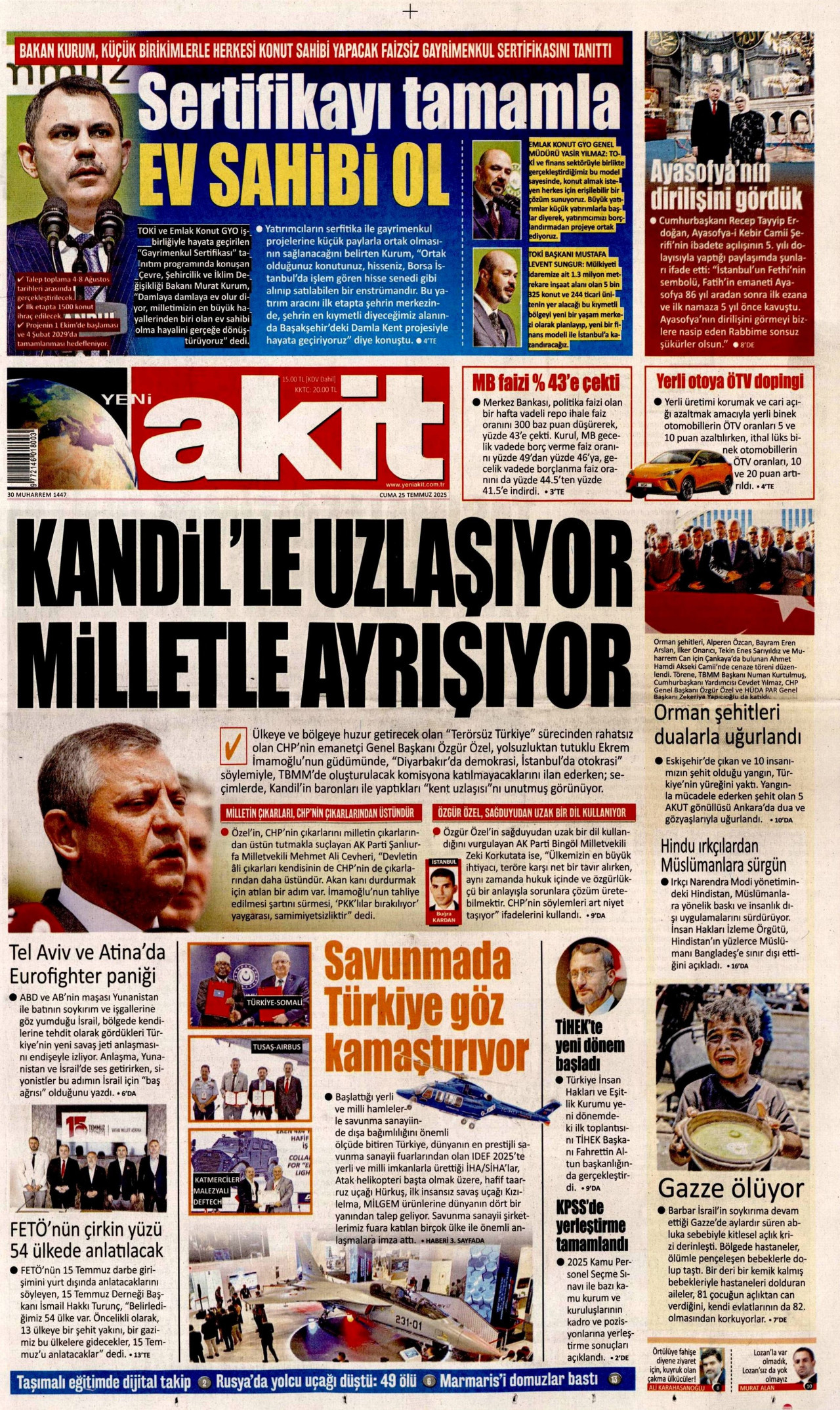 YENİ AKİT gazetesinin 25 Temmuz 2025 tarihli birinci sayfası