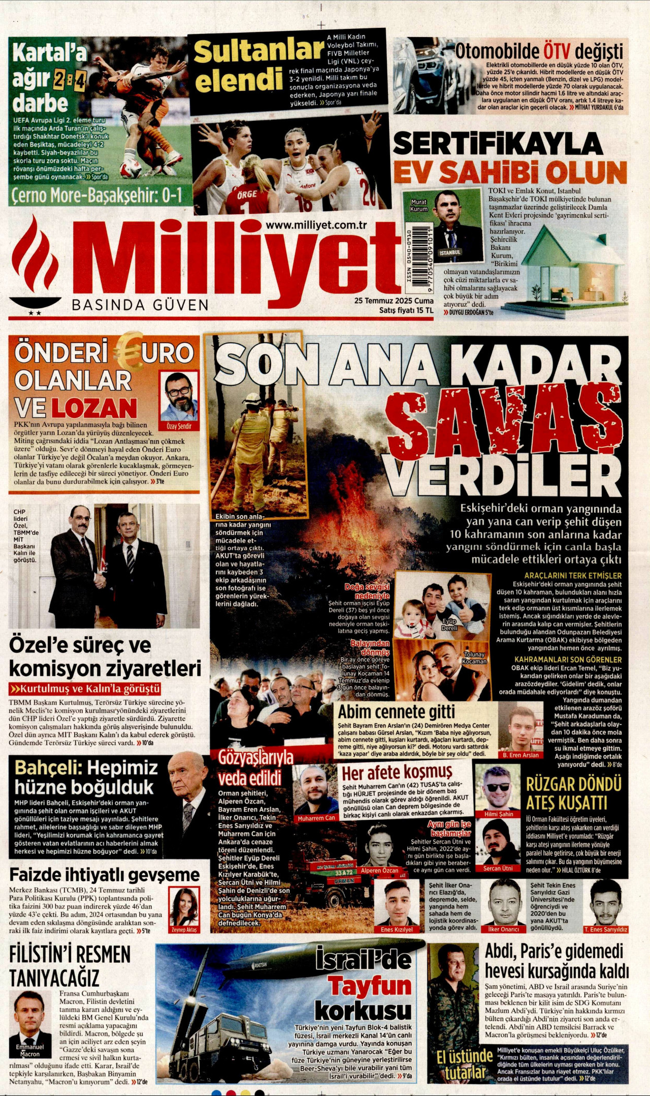 MİLLİYET gazetesinin 25 Temmuz 2025 tarihli birinci sayfası
