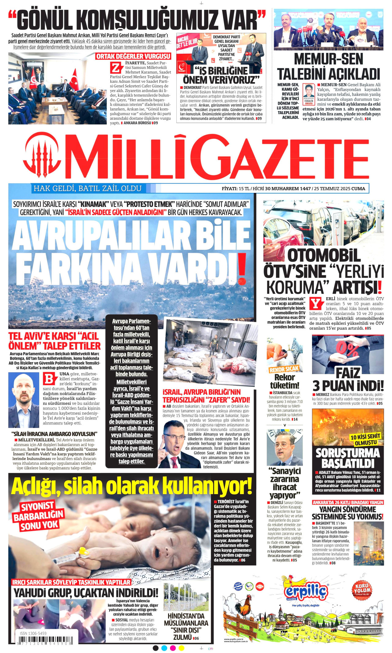 MİLLİ GAZETE gazetesinin 25 Temmuz 2025 tarihli birinci sayfası