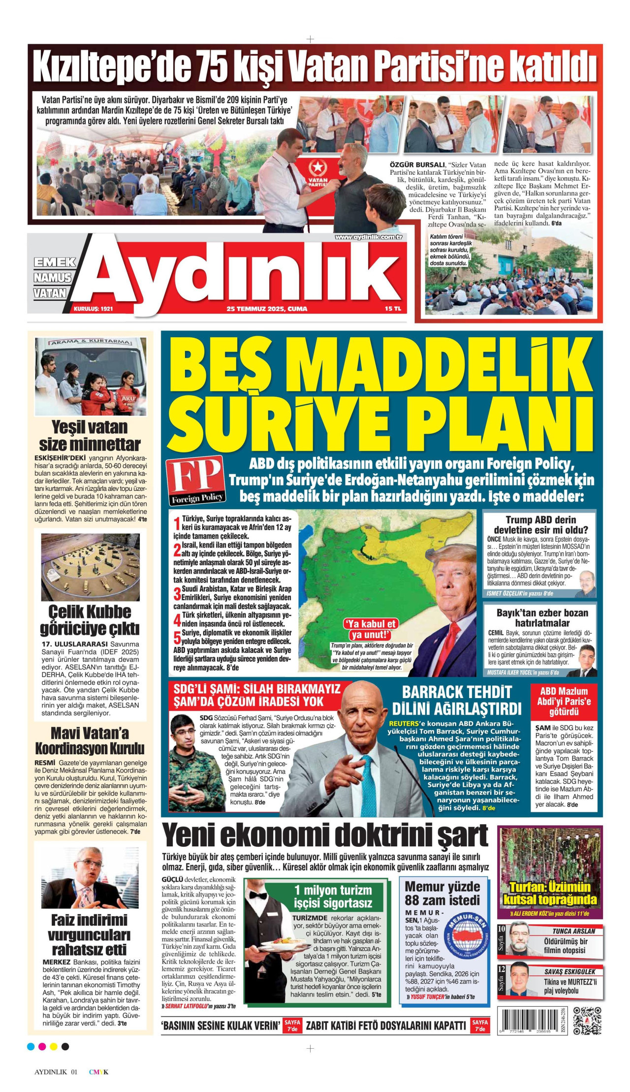 AYDINLIK GAZETESİ gazetesinin 25 Temmuz 2025 tarihli birinci sayfası