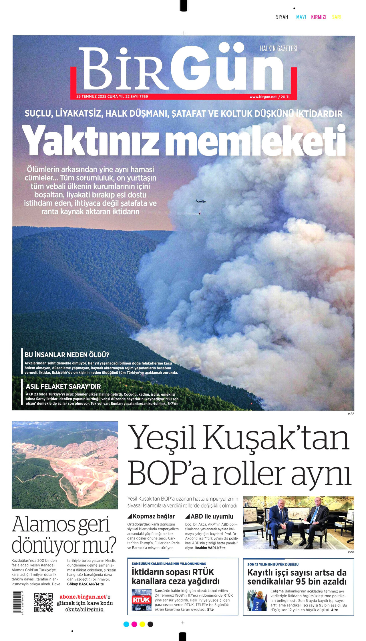 BİRGÜN gazetesinin 25 Temmuz 2025 tarihli birinci sayfası