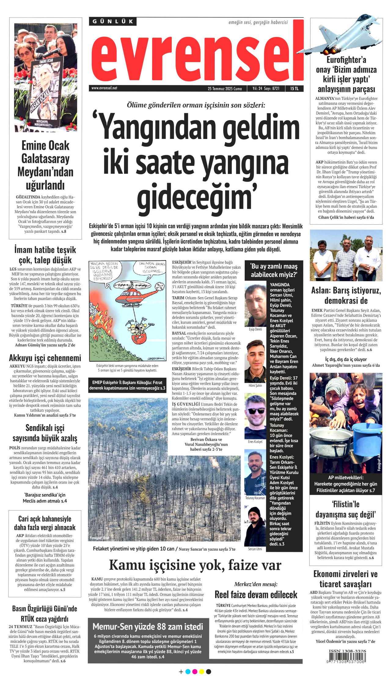 EVRENSEL gazetesinin 25 Temmuz 2025 tarihli birinci sayfası