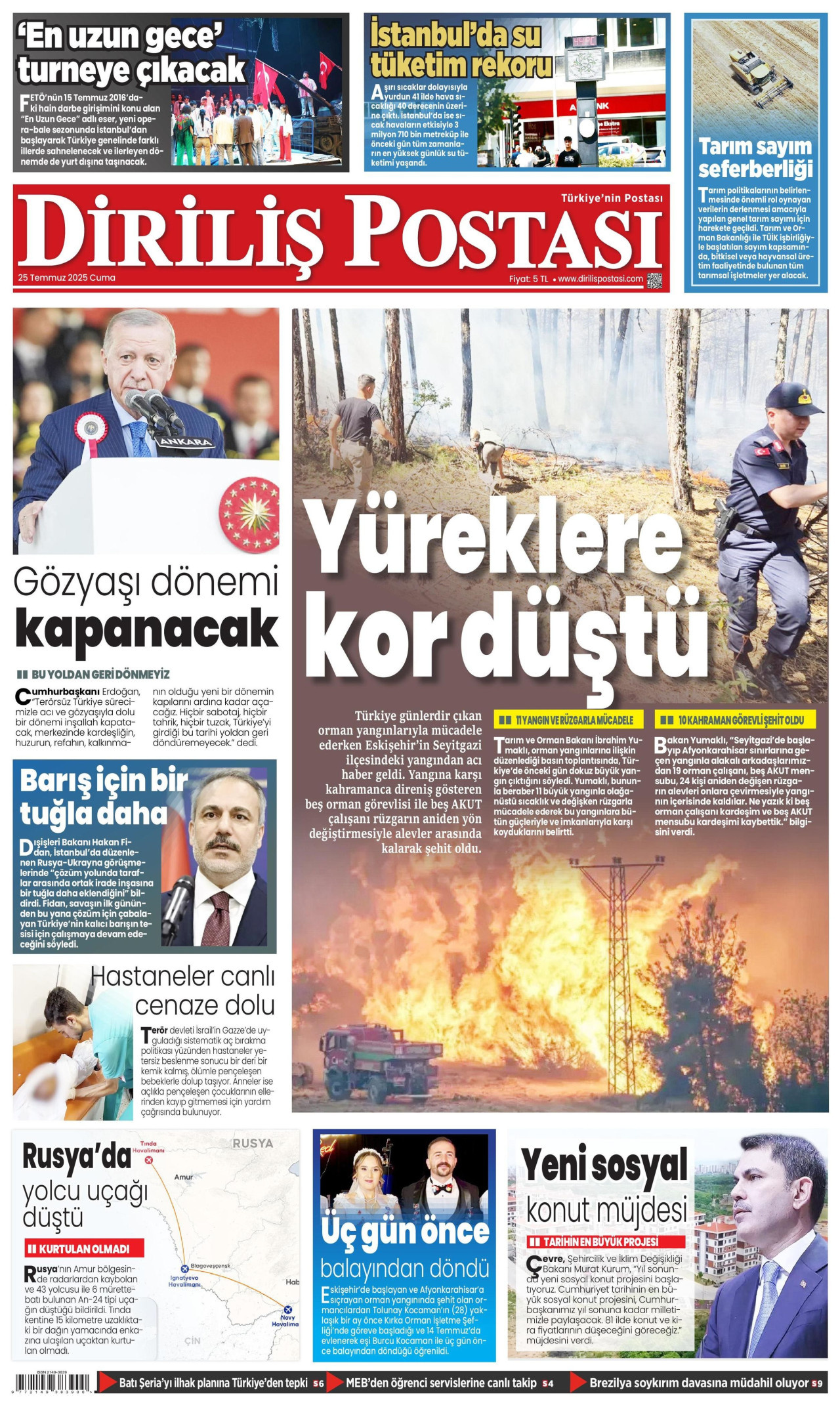 DİRİLİŞ POSTASI gazetesinin 25 Temmuz 2025 tarihli birinci sayfası