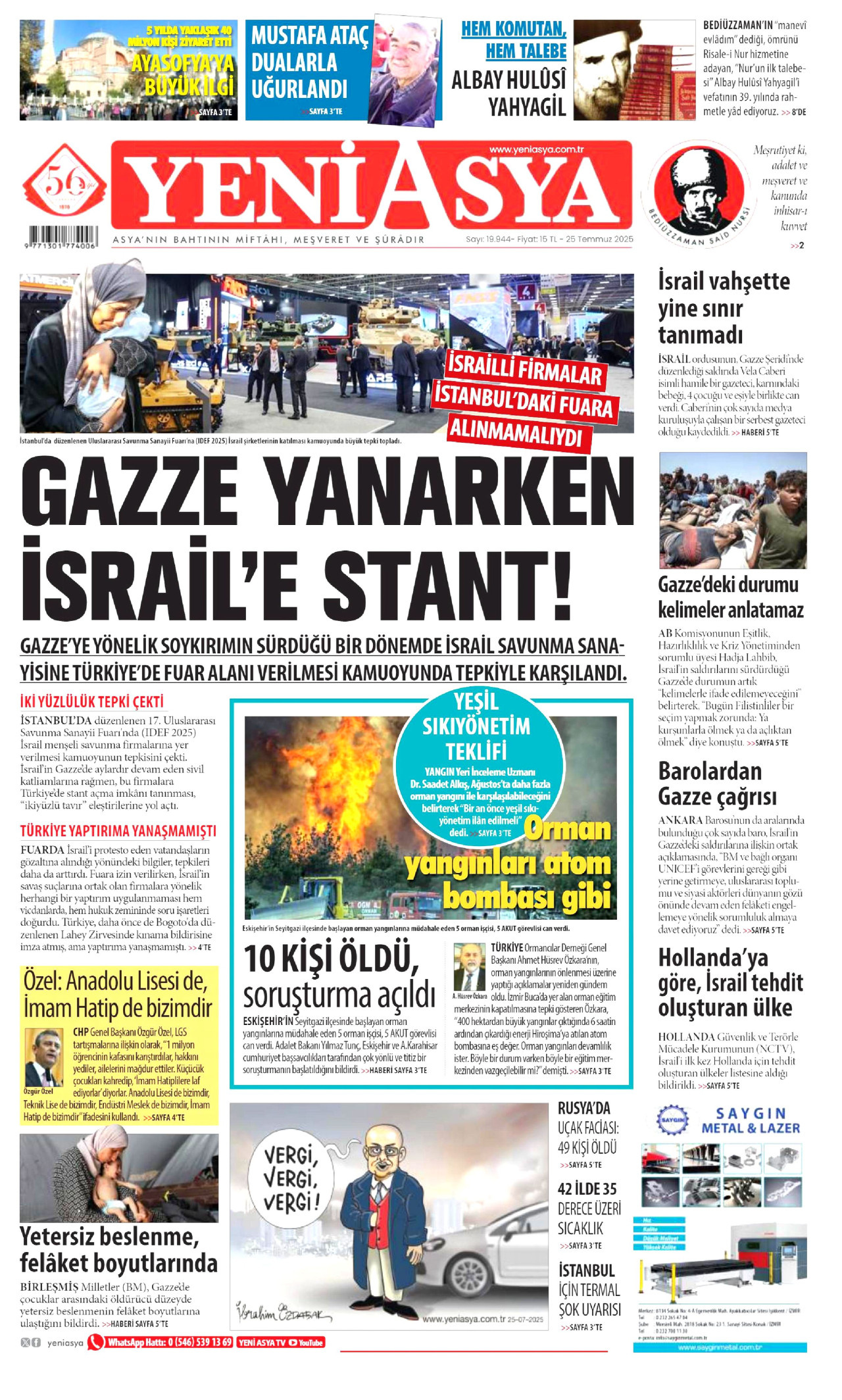 YENİ ASYA gazetesinin 25 Temmuz 2025 tarihli birinci sayfası