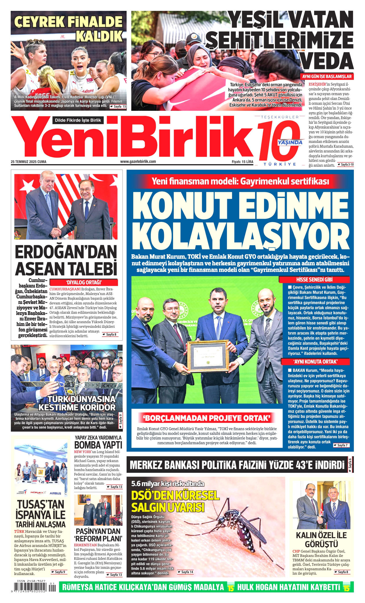 YENİBİRLİK gazetesinin 25 Temmuz 2025 tarihli birinci sayfası