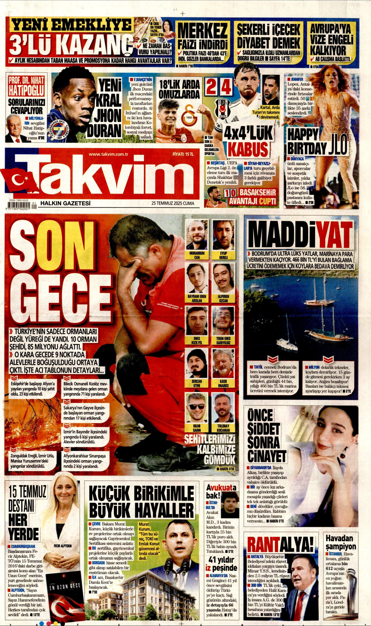 TAKVİM gazetesinin 25 Temmuz 2025 tarihli birinci sayfası