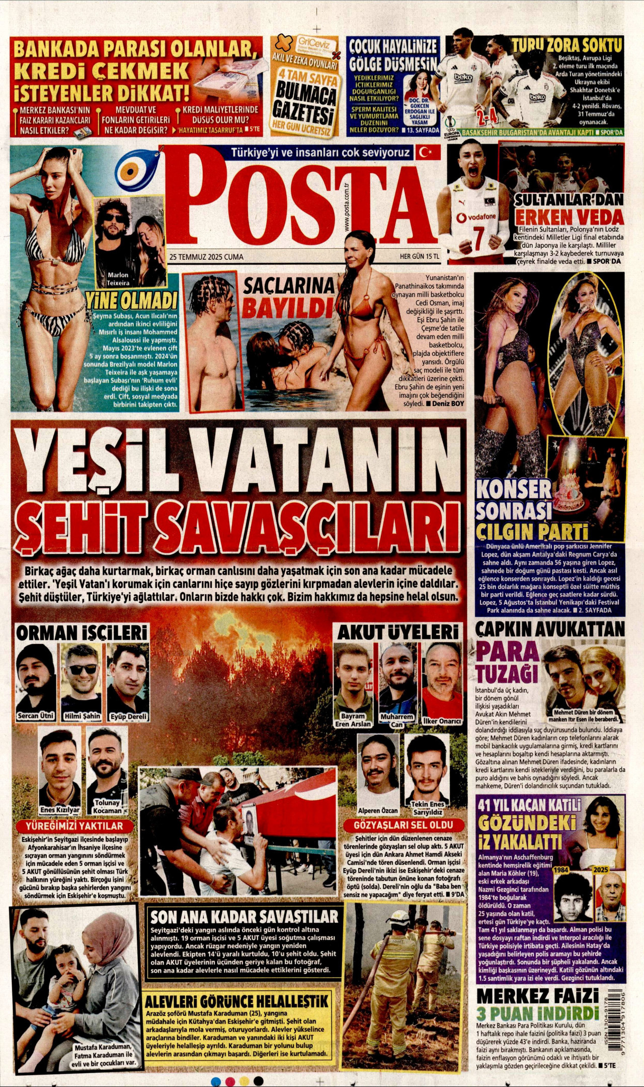 POSTA gazetesinin 25 Temmuz 2025 tarihli birinci sayfası
