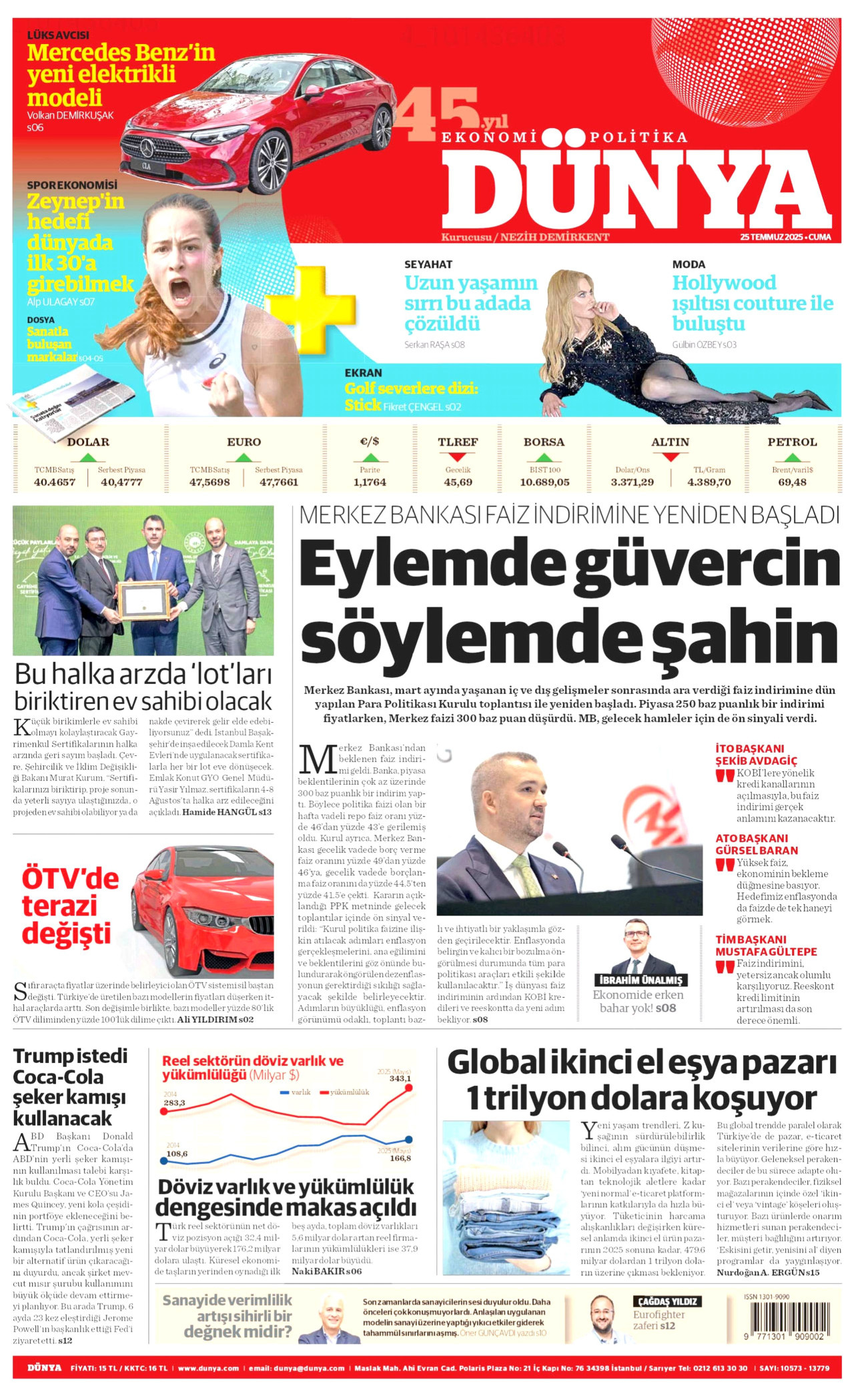DÜNYA gazetesinin 25 Temmuz 2025 tarihli birinci sayfası
