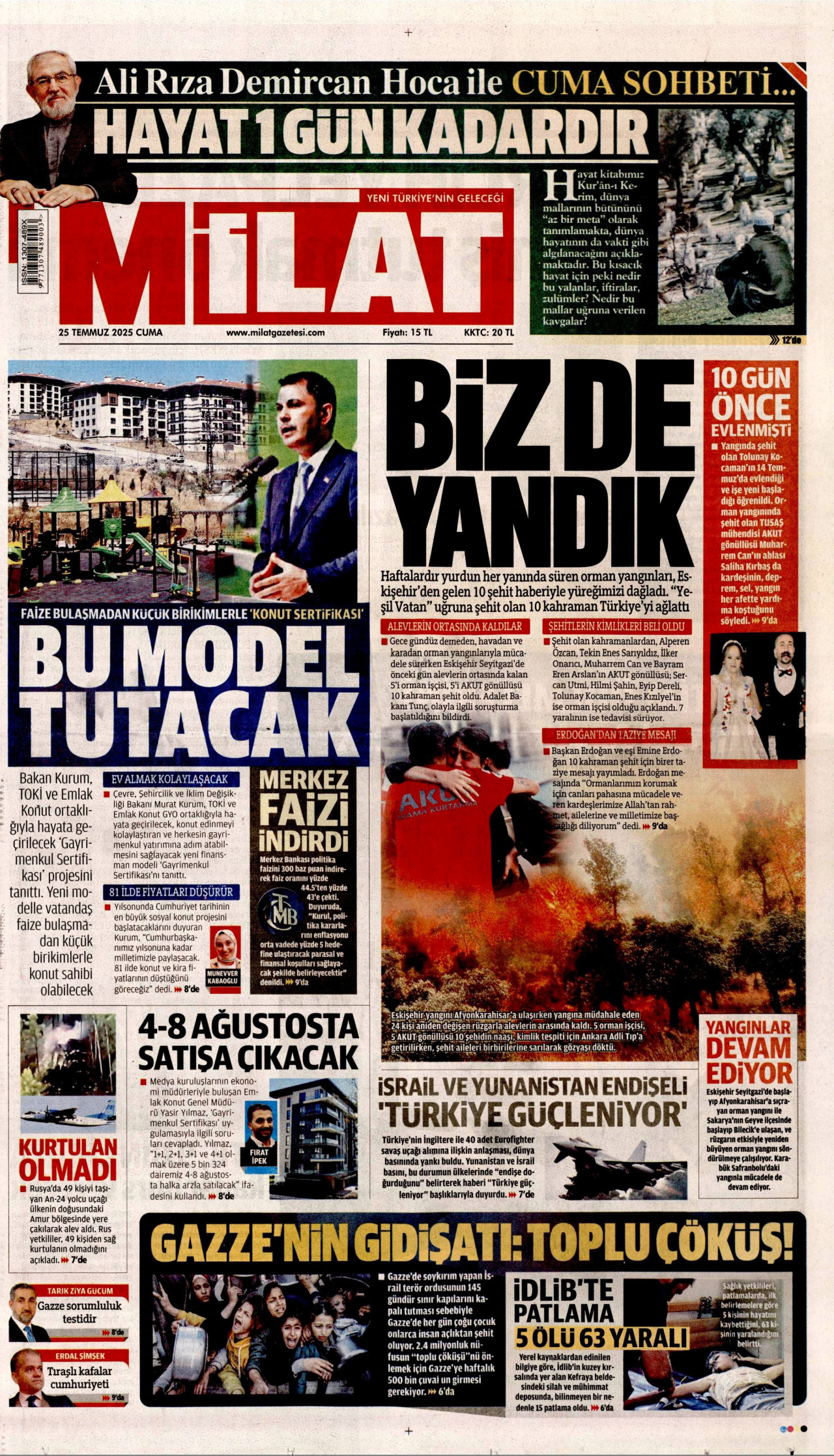 MİLAT gazetesinin 25 Temmuz 2025 tarihli birinci sayfası