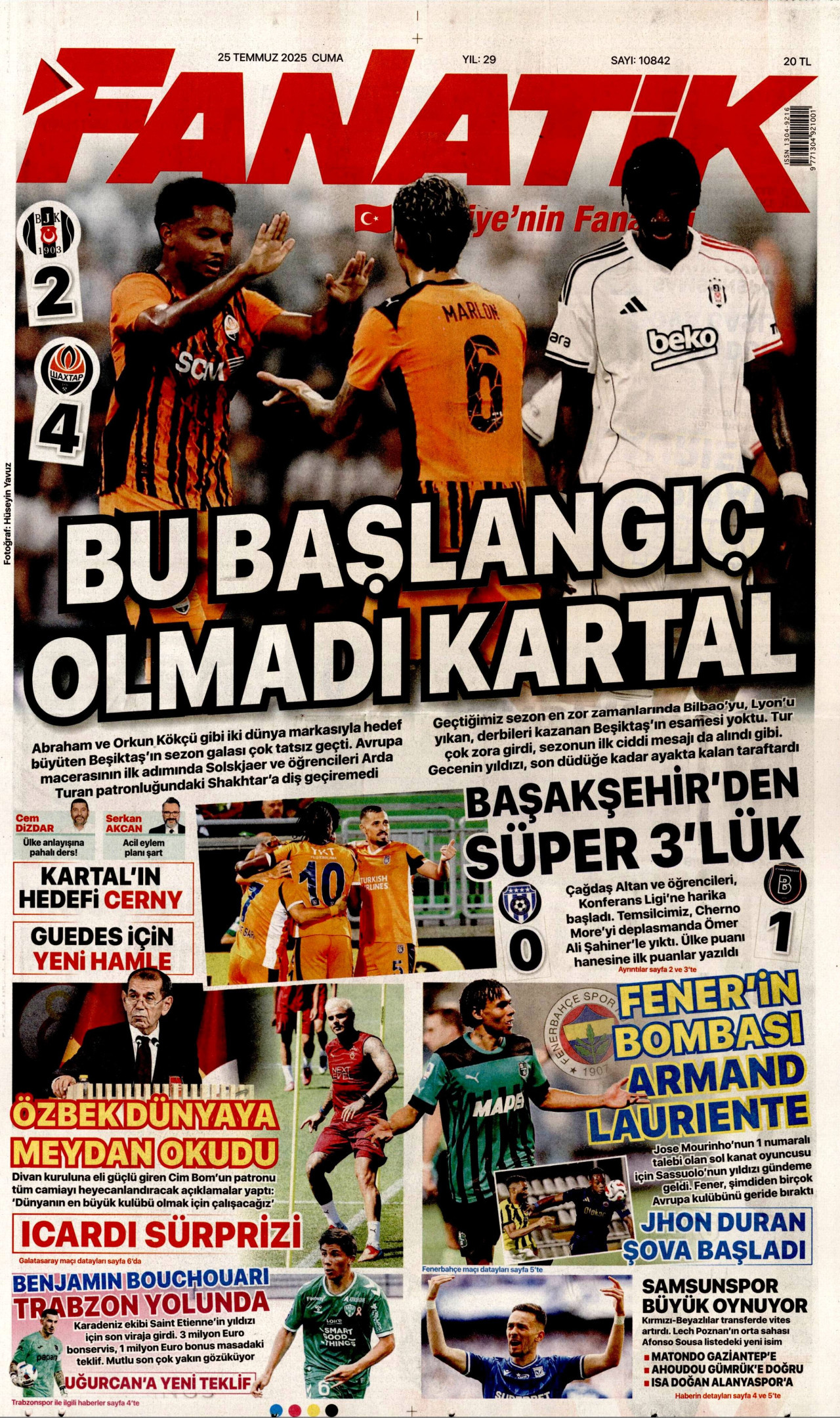 FANATİK gazetesinin 25 Temmuz 2025 tarihli birinci sayfası