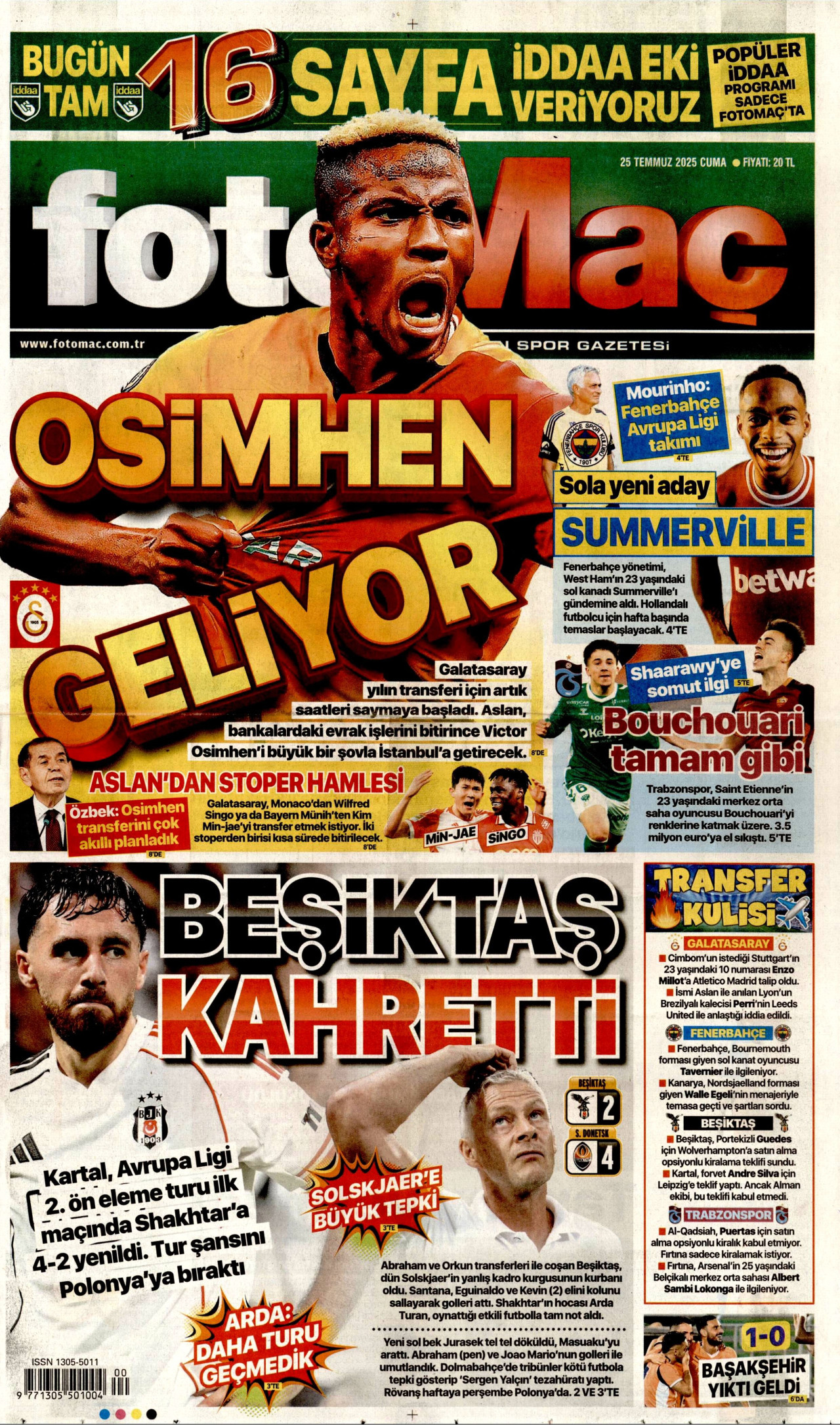 FOTOMAÇ gazetesinin 25 Temmuz 2025 tarihli birinci sayfası