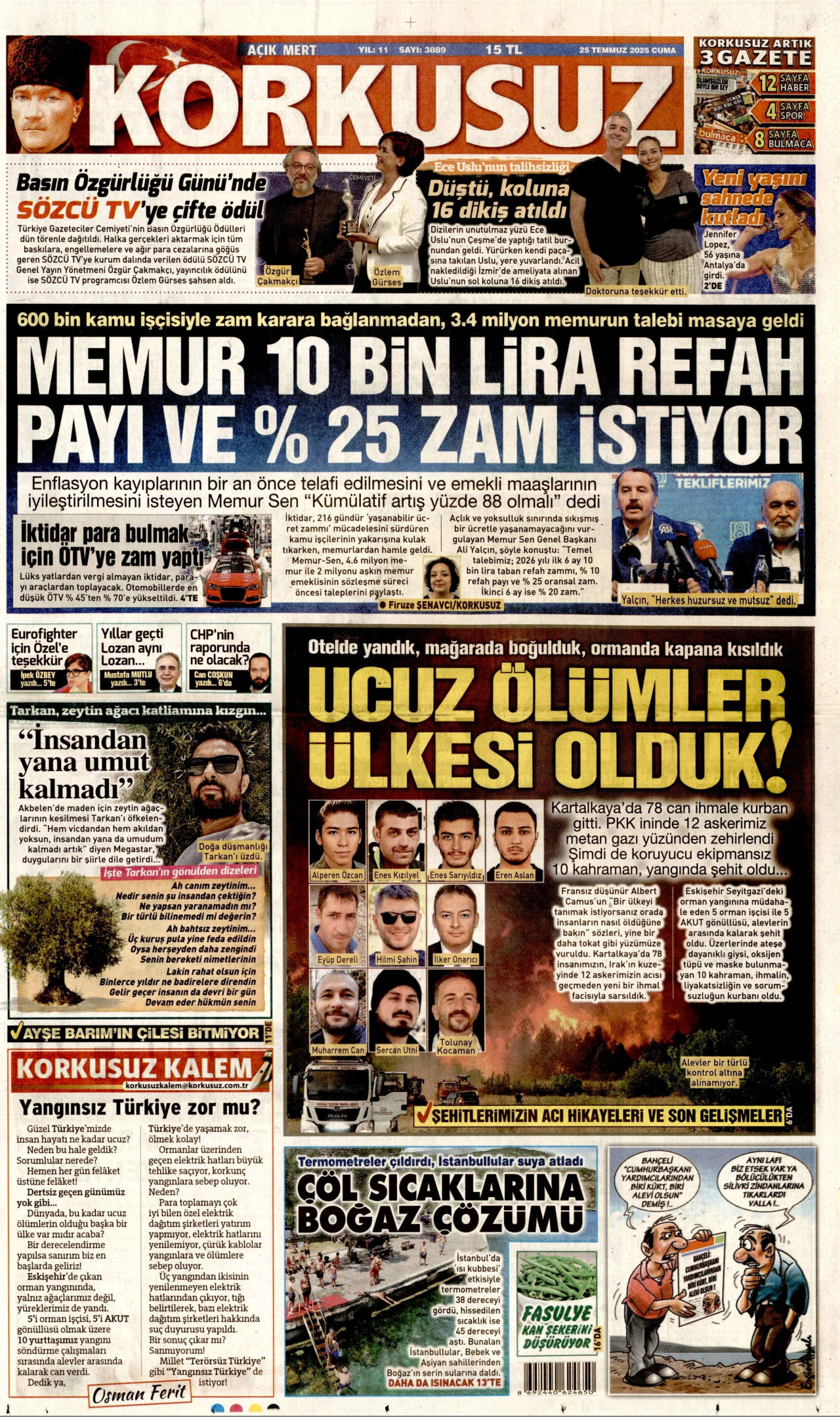 KORKUSUZ gazetesinin 25 Temmuz 2025 tarihli birinci sayfası