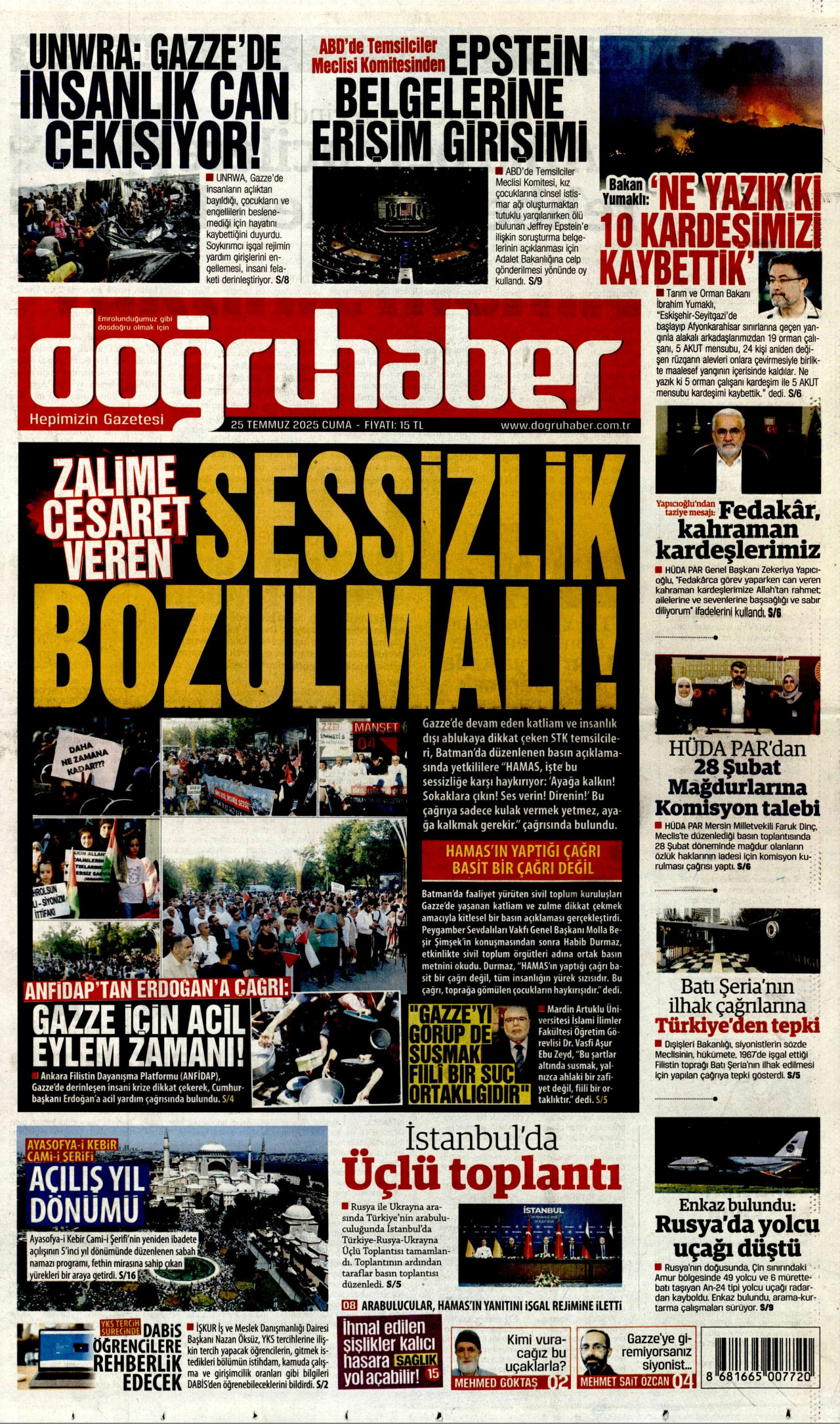 DOĞRU HABER gazetesinin 25 Temmuz 2025 tarihli birinci sayfası