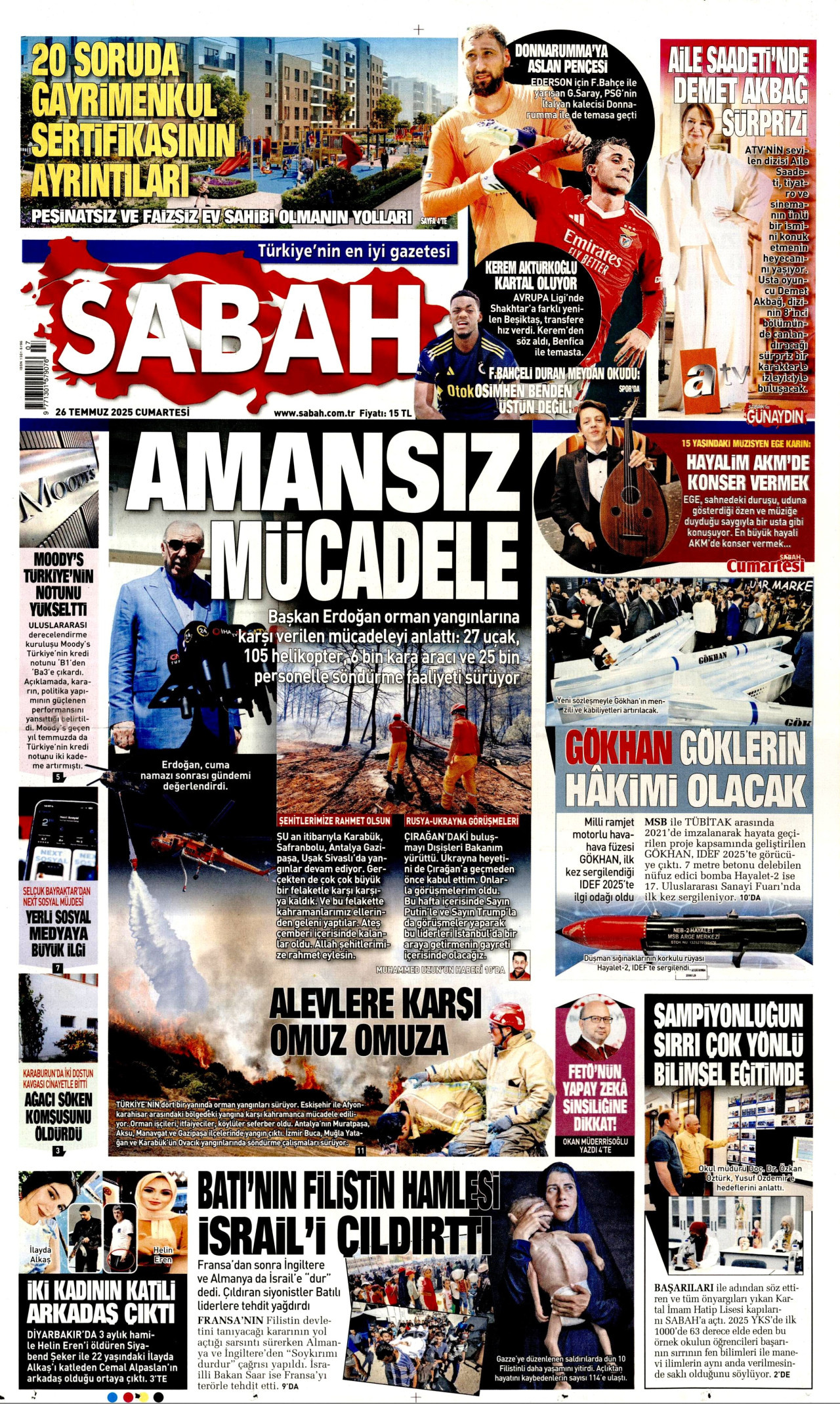 SABAH gazetesinin 26 Temmuz 2025 tarihli birinci sayfası