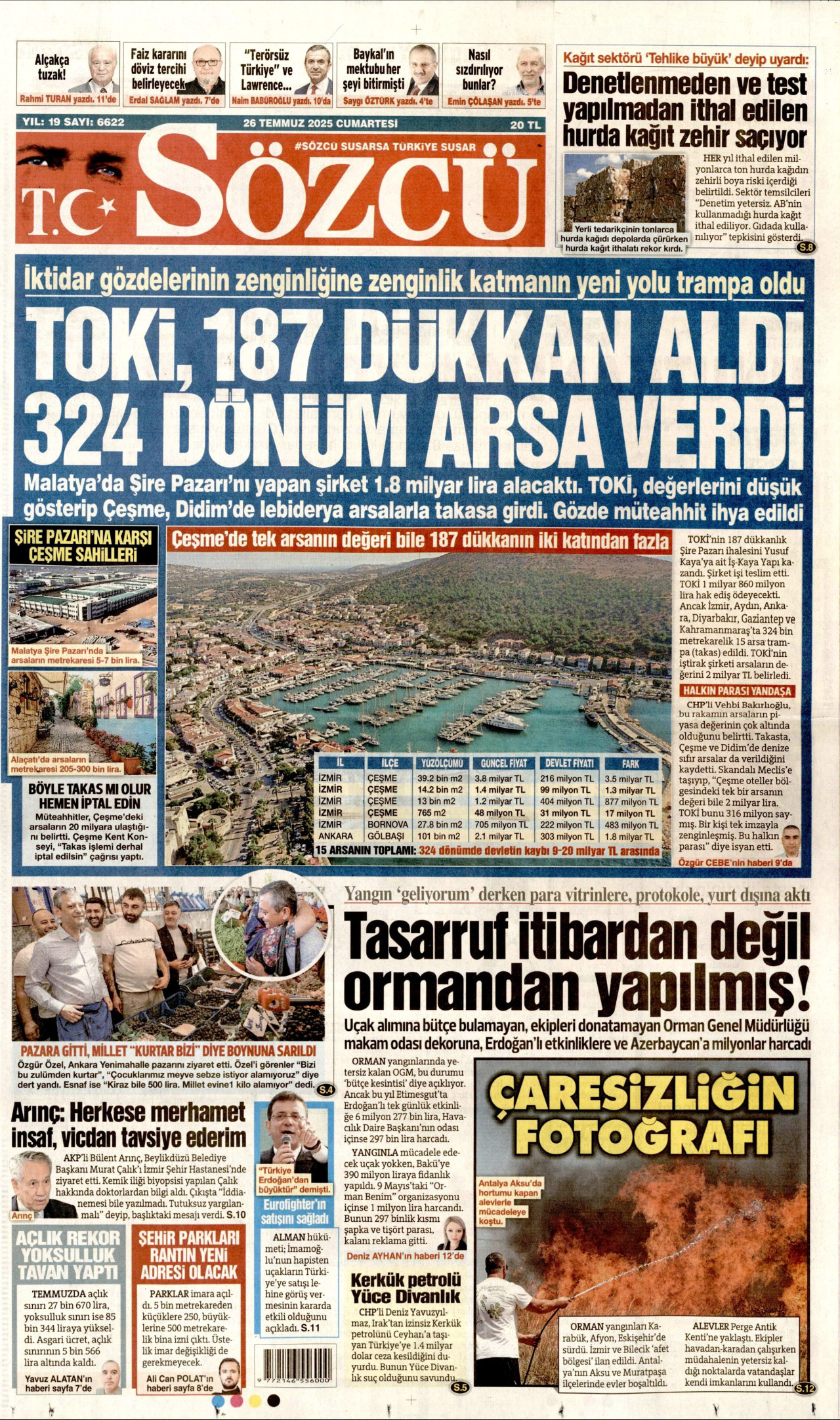 SÖZCÜ gazetesinin 26 Temmuz 2025 tarihli birinci sayfası