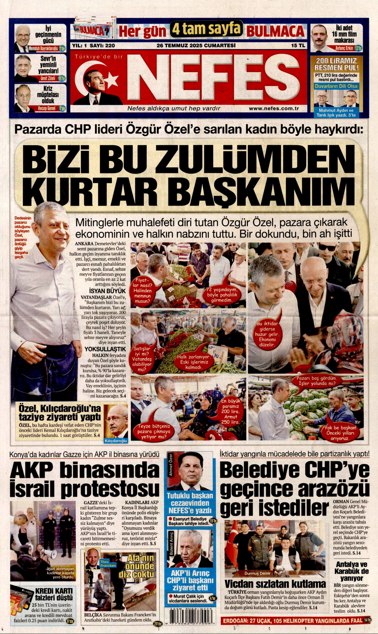 NEFES gazetesinin 26 Temmuz 2025 tarihli birinci sayfası