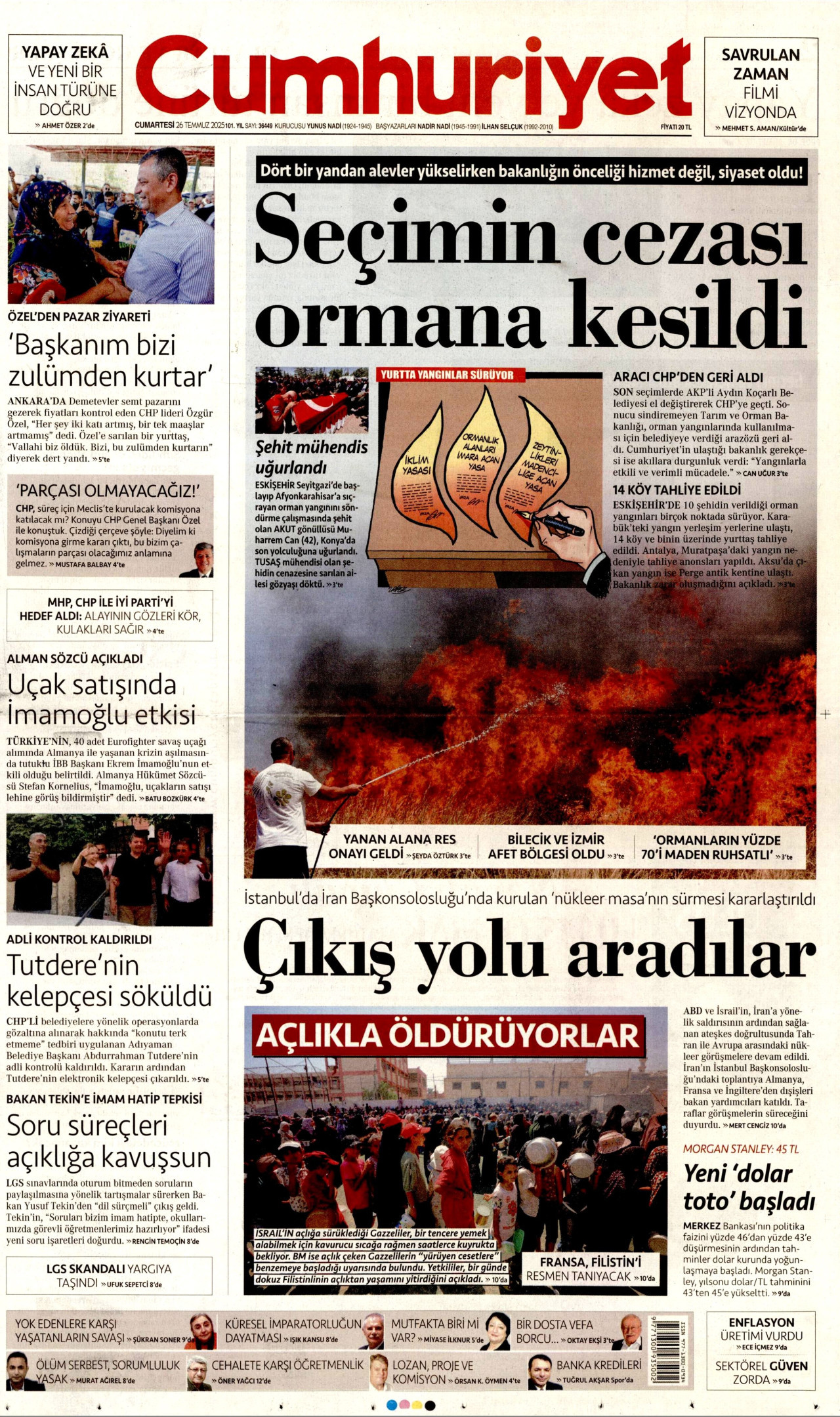 CUMHURİYET gazetesinin 26 Temmuz 2025 tarihli birinci sayfası