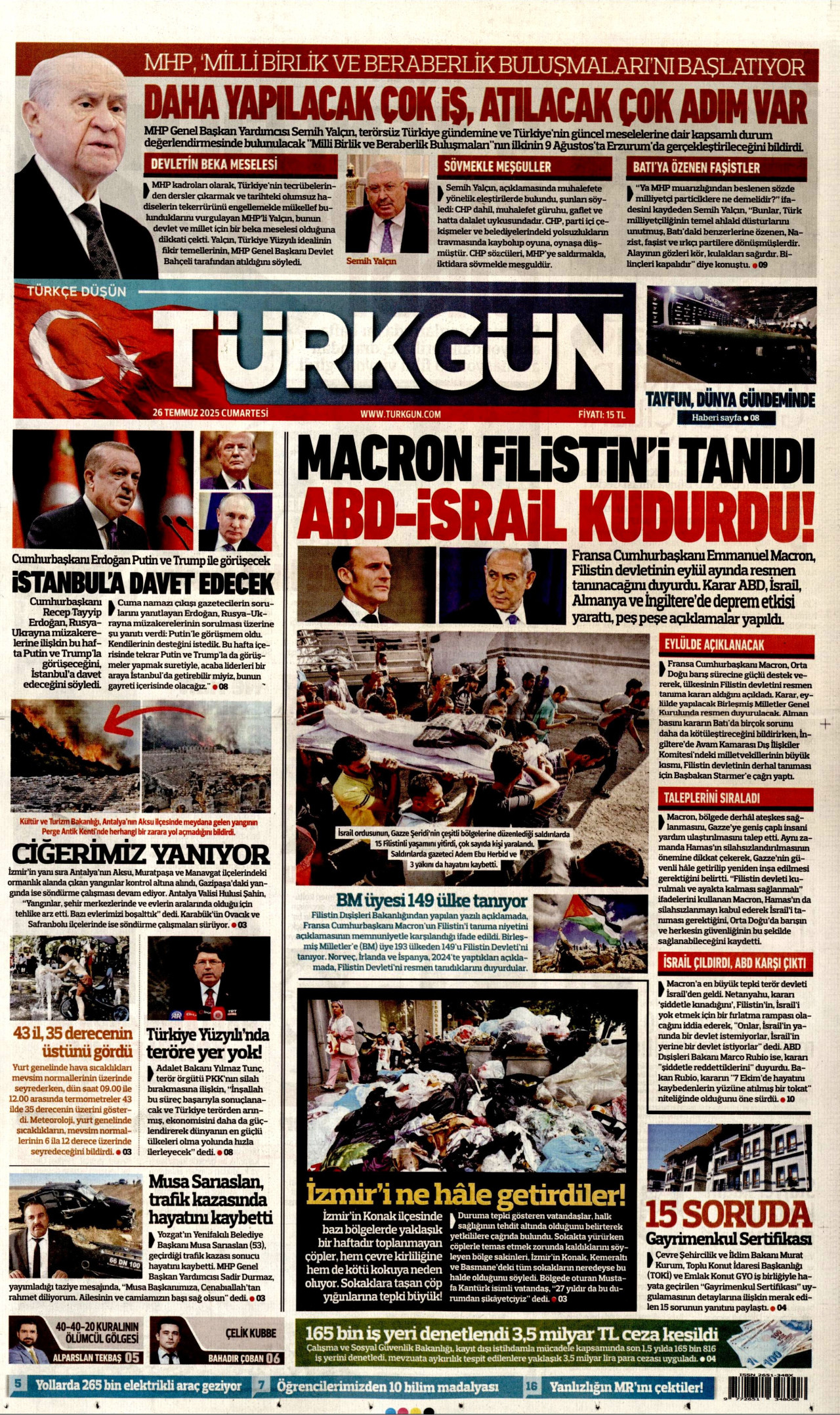TÜRKGÜN gazetesinin 26 Temmuz 2025 tarihli birinci sayfası