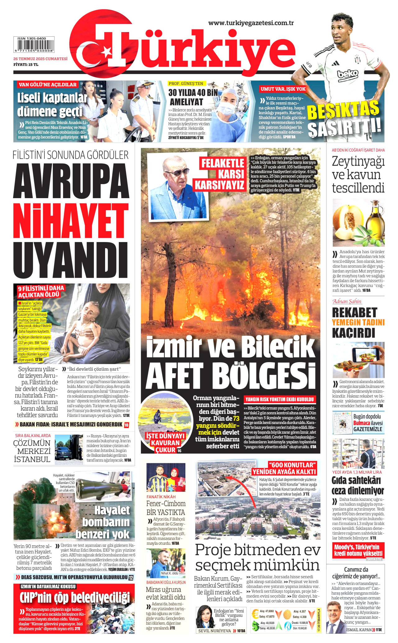 TÜRKİYE GAZETESİ gazetesinin 26 Temmuz 2025 tarihli birinci sayfası