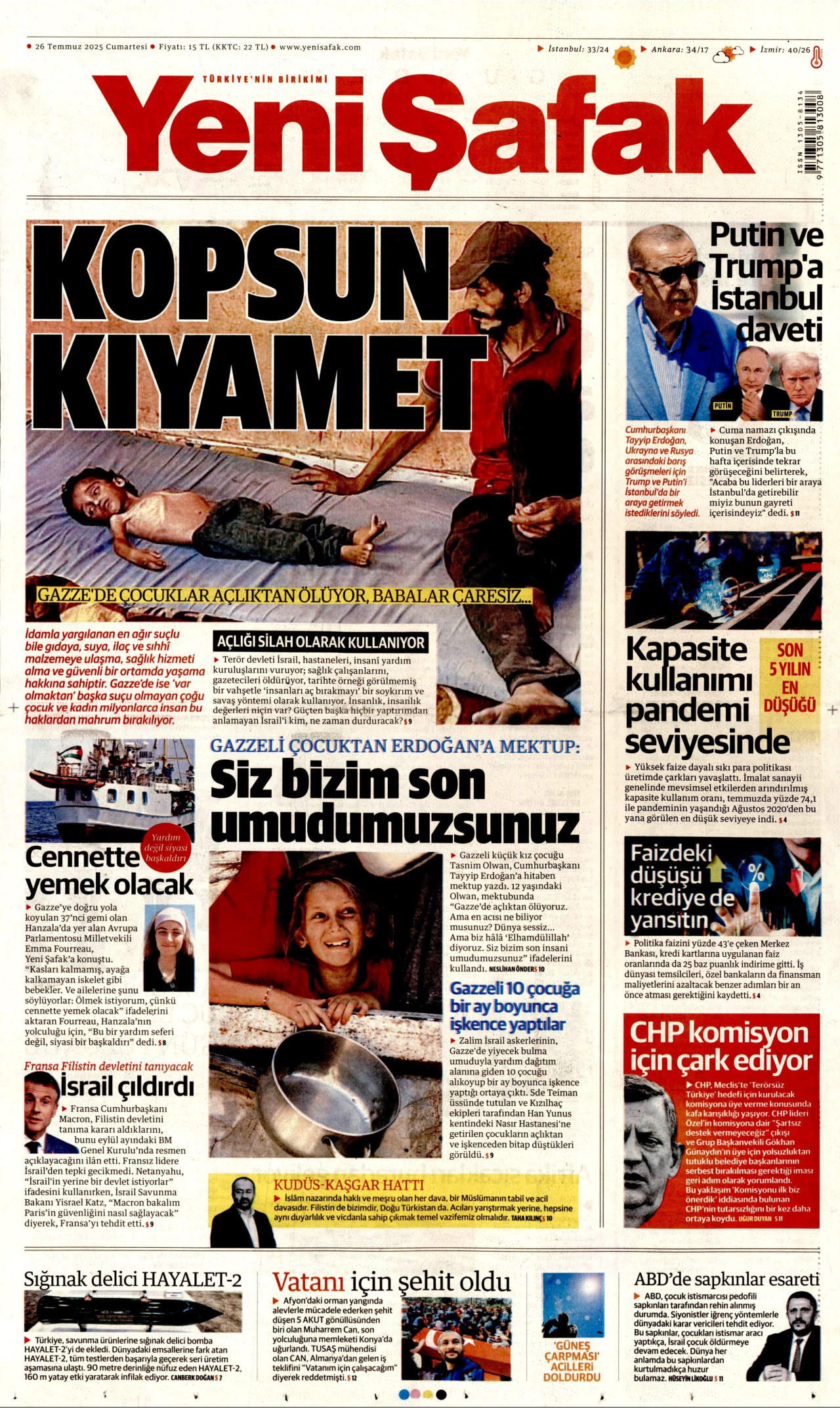 YENİ ŞAFAK gazetesinin 26 Temmuz 2025 tarihli birinci sayfası