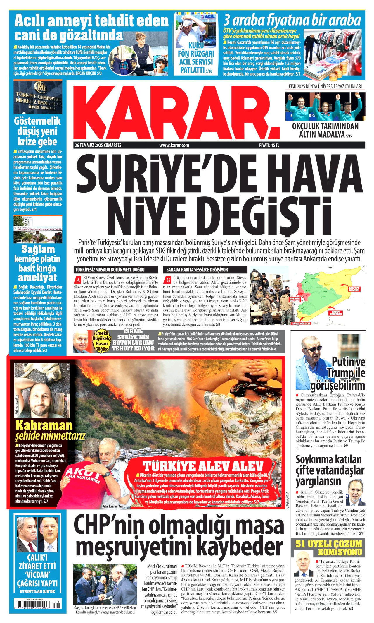 KARAR gazetesinin 26 Temmuz 2025 tarihli birinci sayfası