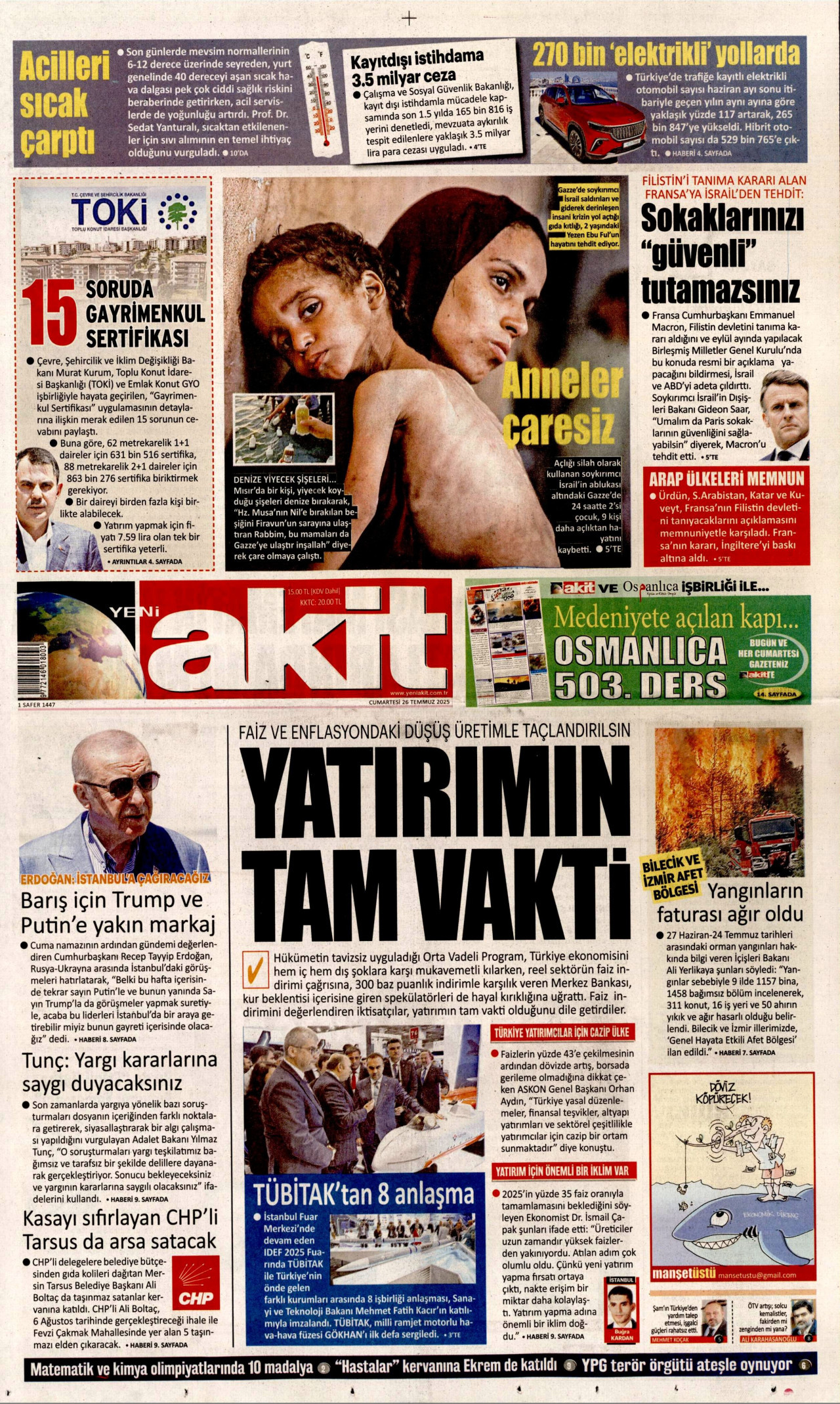 YENİ AKİT gazetesinin 26 Temmuz 2025 tarihli birinci sayfası