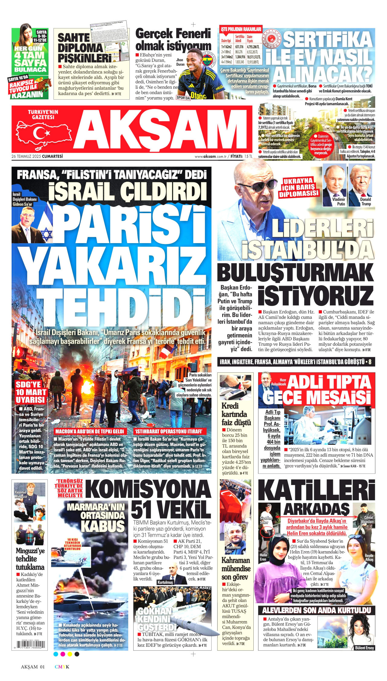 AKŞAM gazetesinin 26 Temmuz 2025 tarihli birinci sayfası