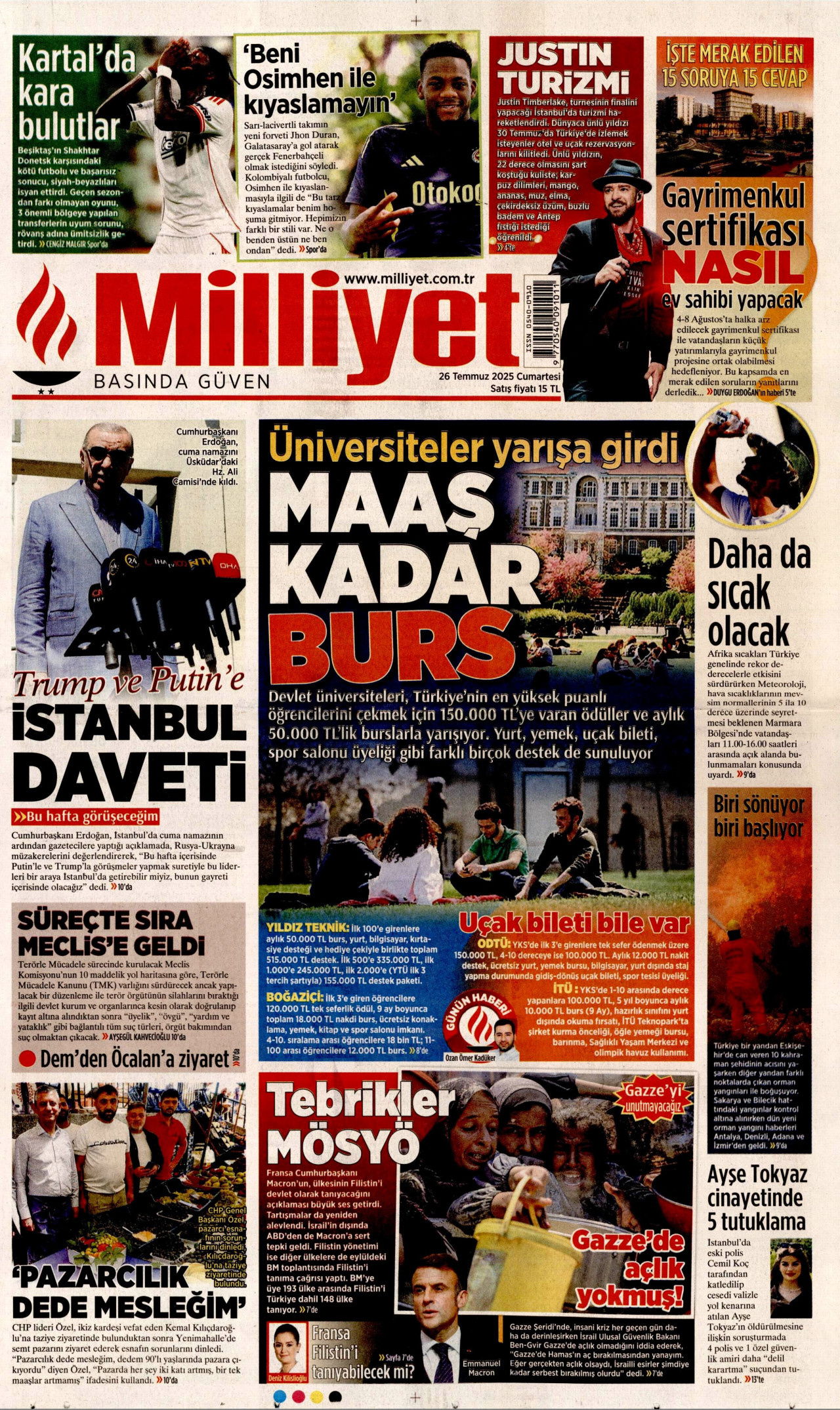 MİLLİYET gazetesinin 26 Temmuz 2025 tarihli birinci sayfası