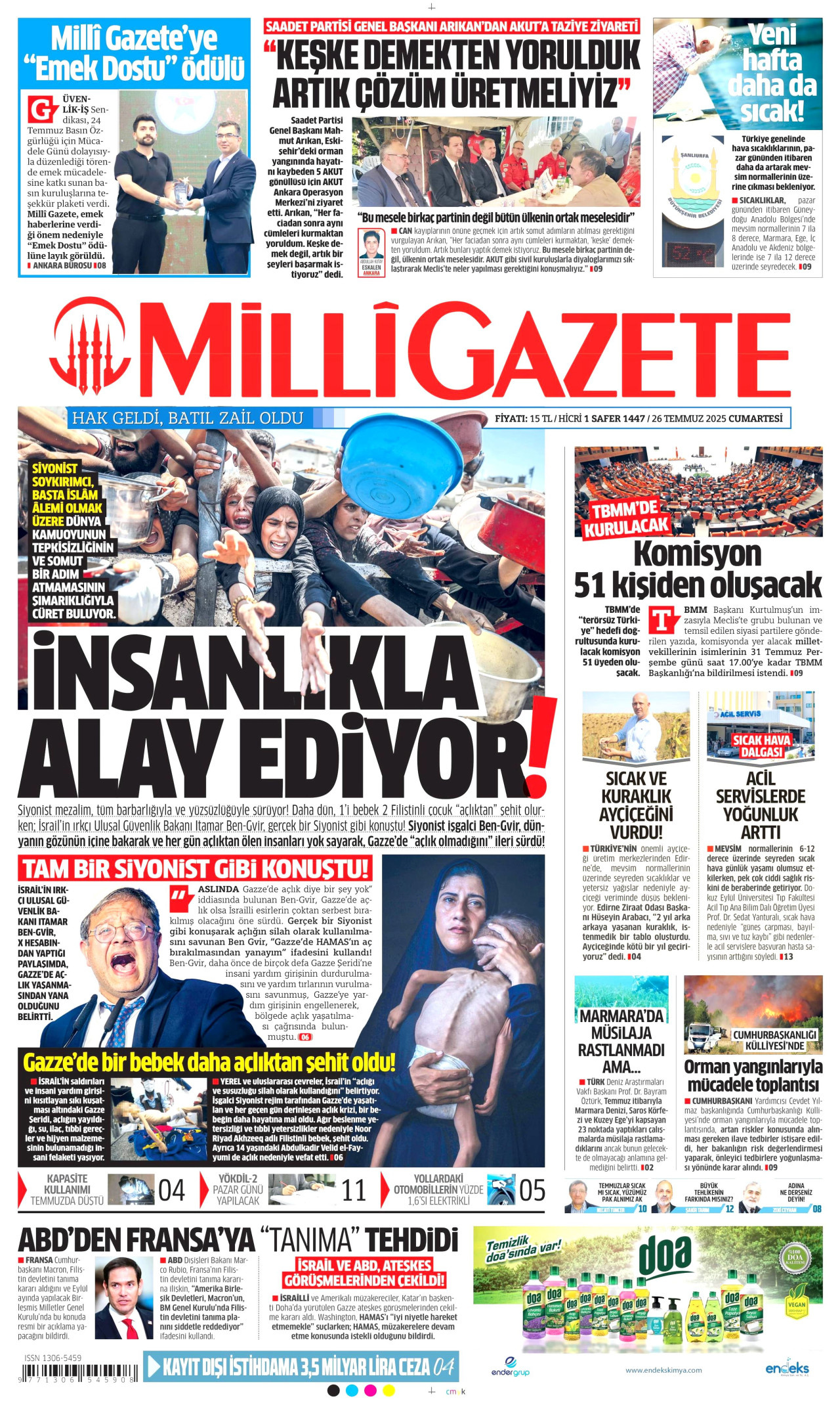 MİLLİ GAZETE gazetesinin 26 Temmuz 2025 tarihli birinci sayfası