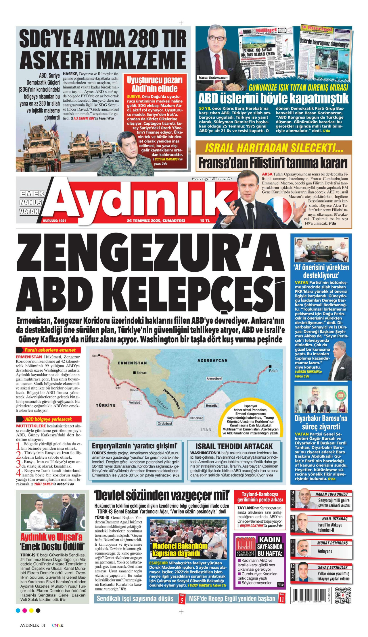 AYDINLIK GAZETESİ gazetesinin 26 Temmuz 2025 tarihli birinci sayfası