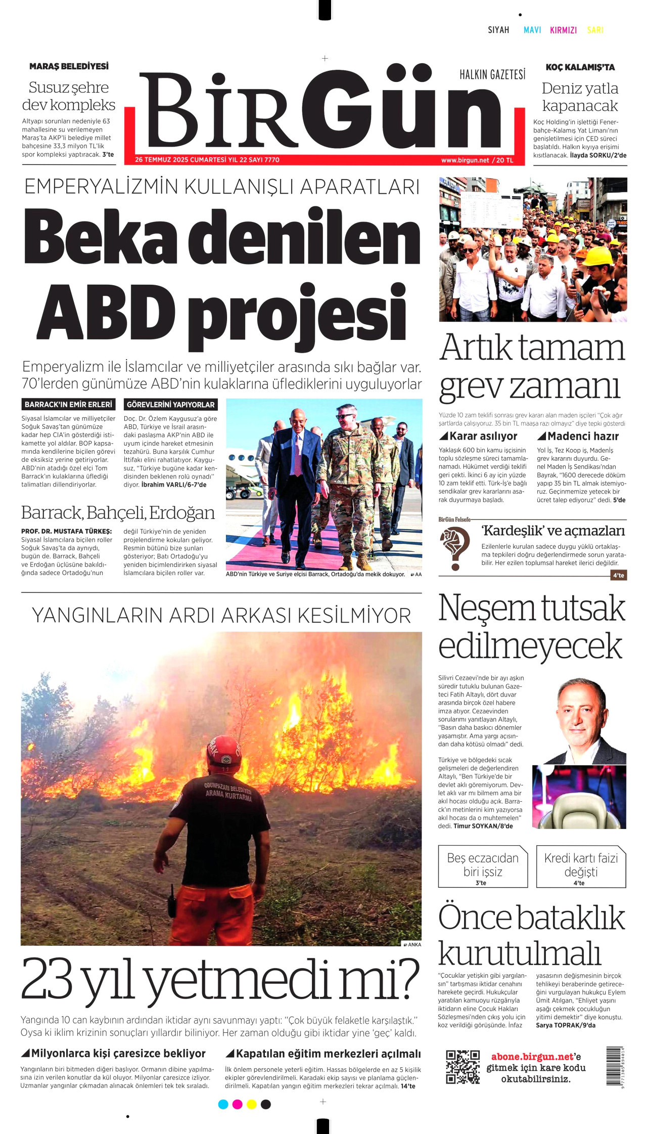 BİRGÜN gazetesinin 26 Temmuz 2025 tarihli birinci sayfası