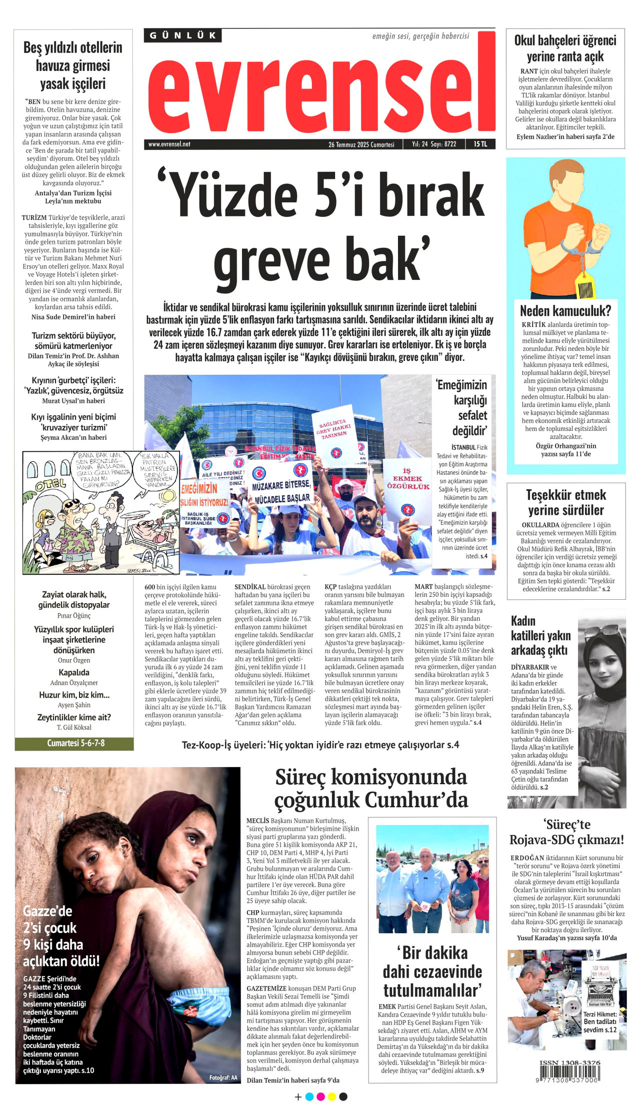 EVRENSEL gazetesinin 26 Temmuz 2025 tarihli birinci sayfası