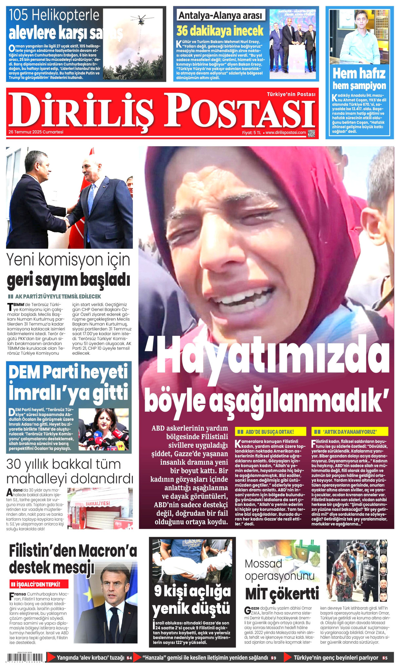 DİRİLİŞ POSTASI gazetesinin 26 Temmuz 2025 tarihli birinci sayfası