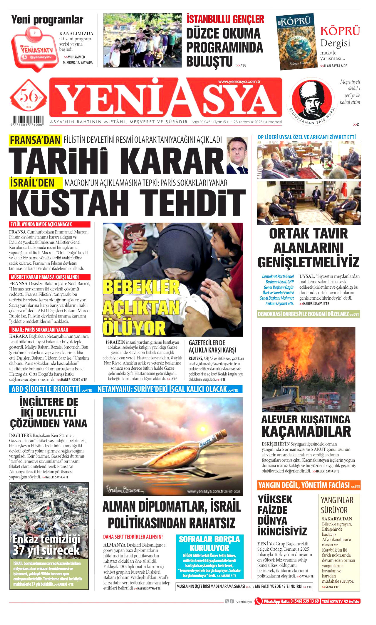 YENİ ASYA gazetesinin 26 Temmuz 2025 tarihli birinci sayfası