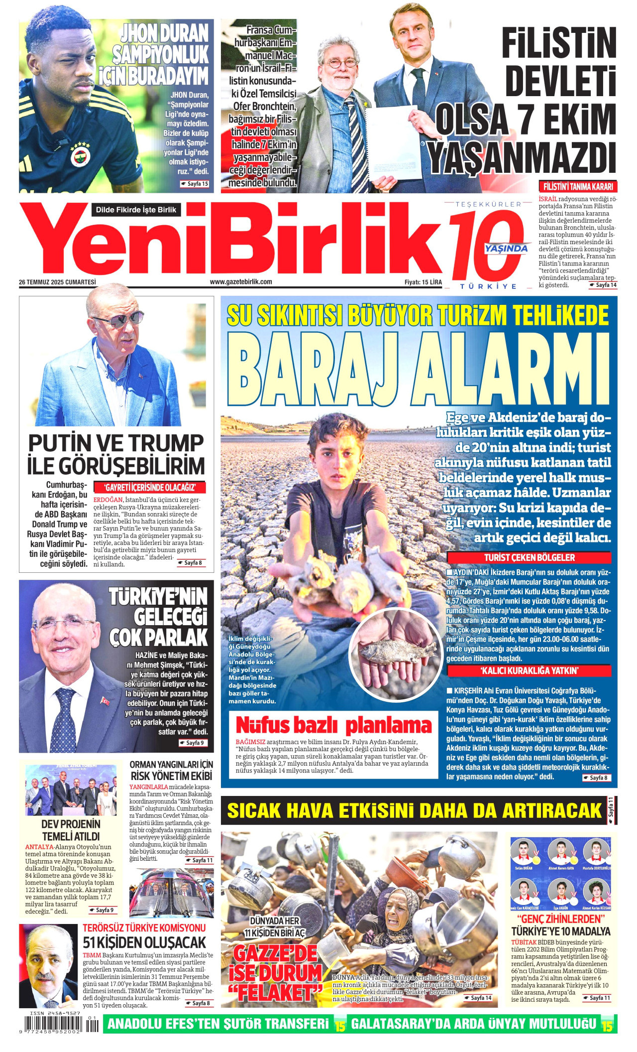 YENİBİRLİK gazetesinin 26 Temmuz 2025 tarihli birinci sayfası