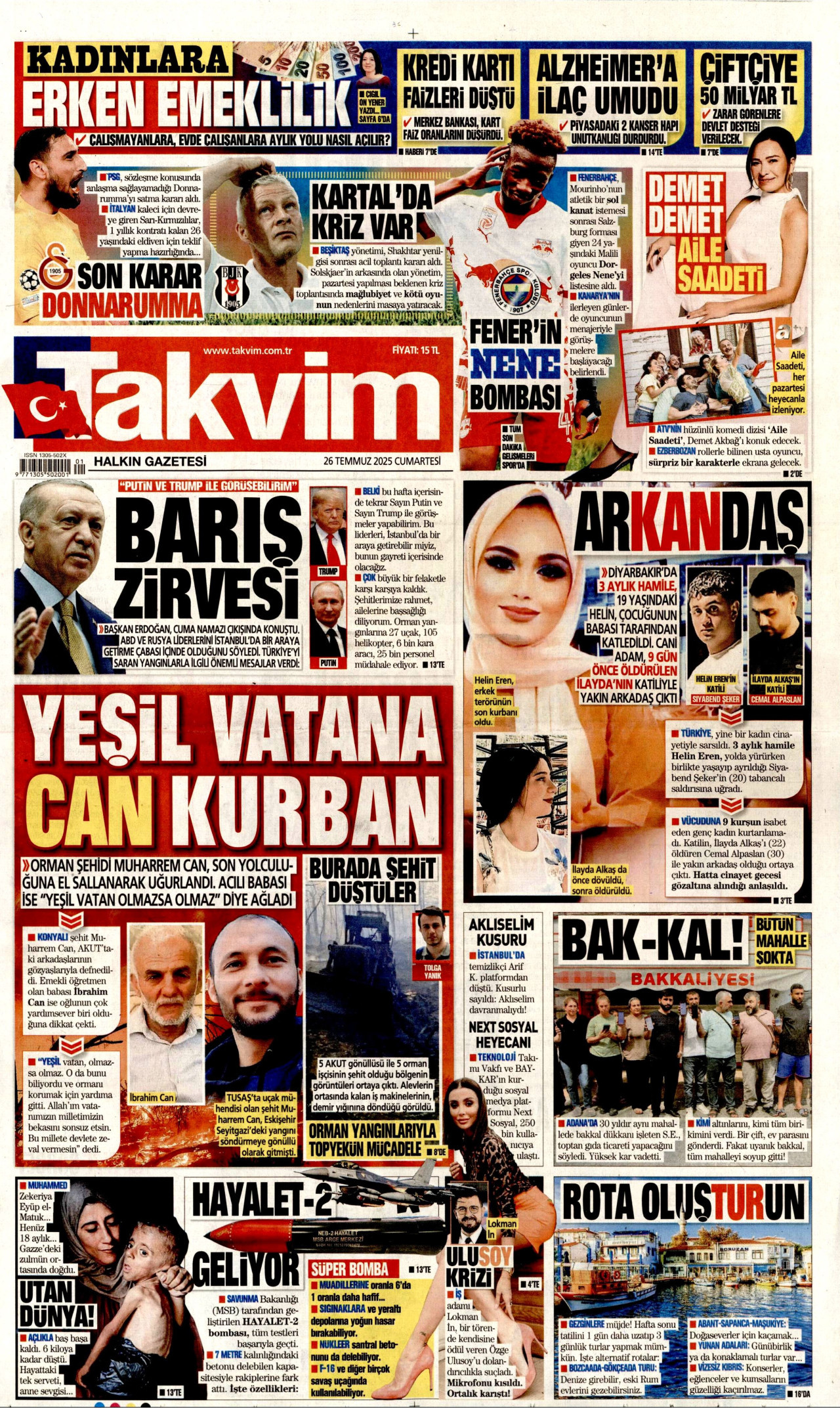 TAKVİM gazetesinin 26 Temmuz 2025 tarihli birinci sayfası