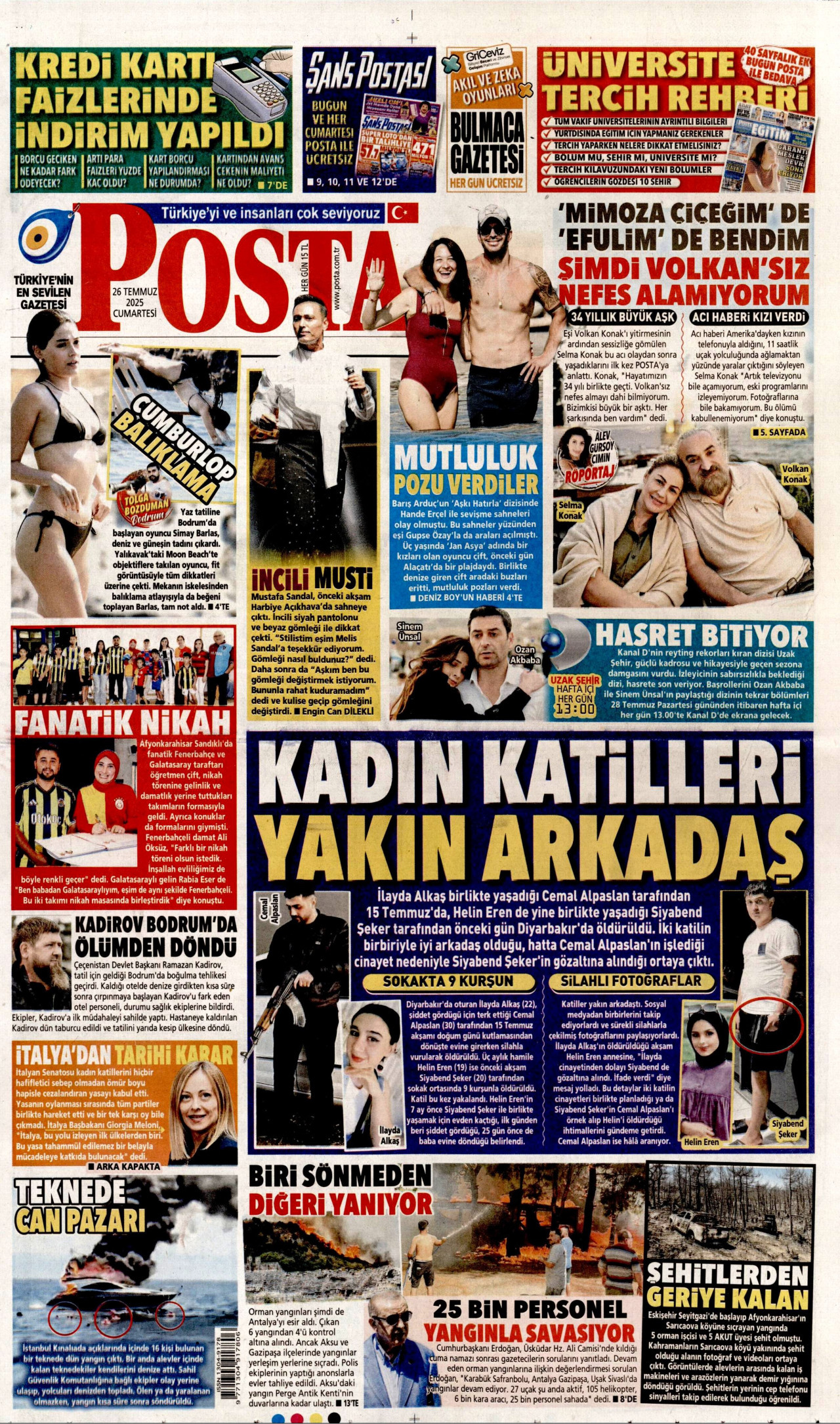 POSTA gazetesinin 26 Temmuz 2025 tarihli birinci sayfası