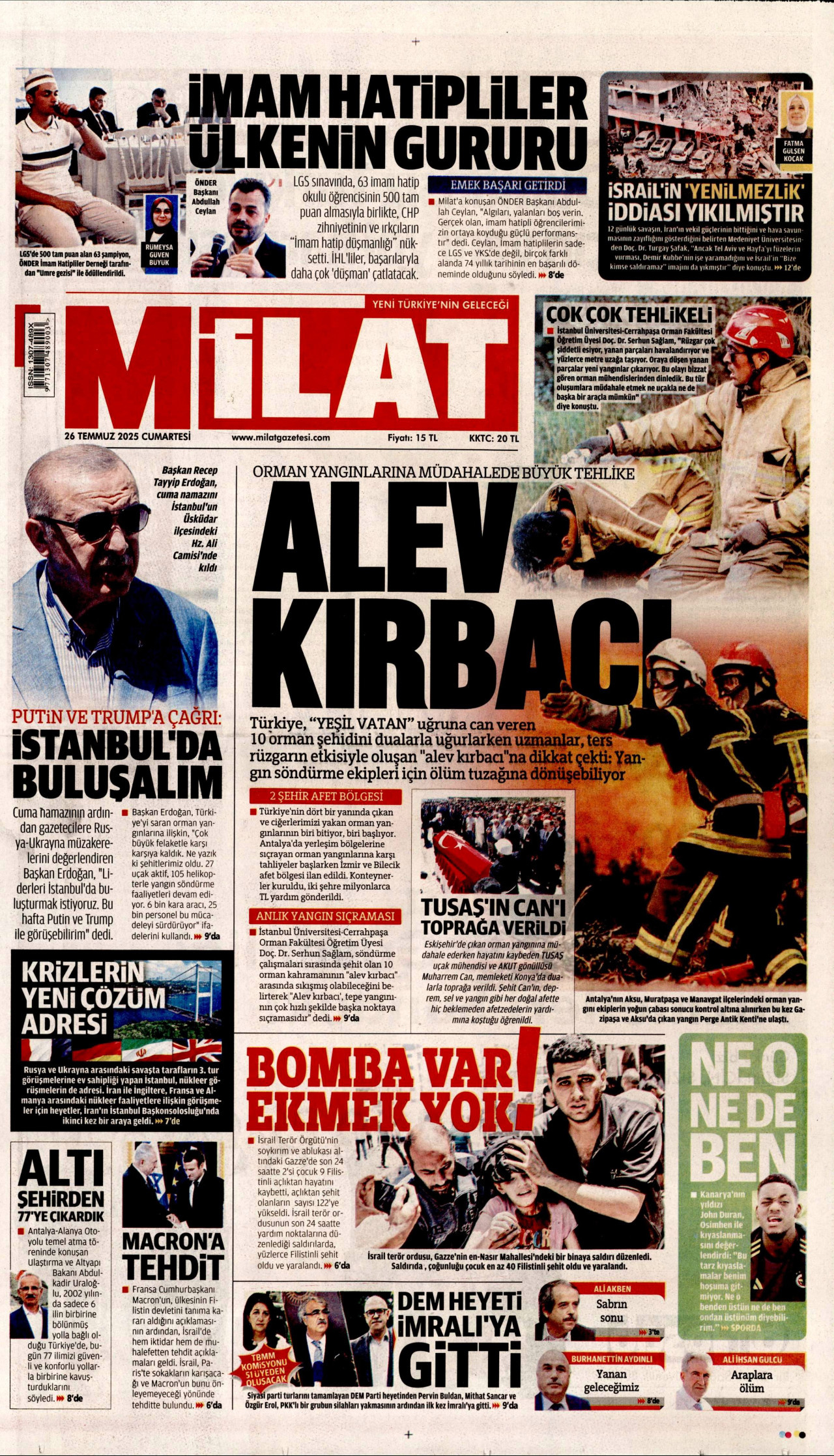 MİLAT gazetesinin 26 Temmuz 2025 tarihli birinci sayfası
