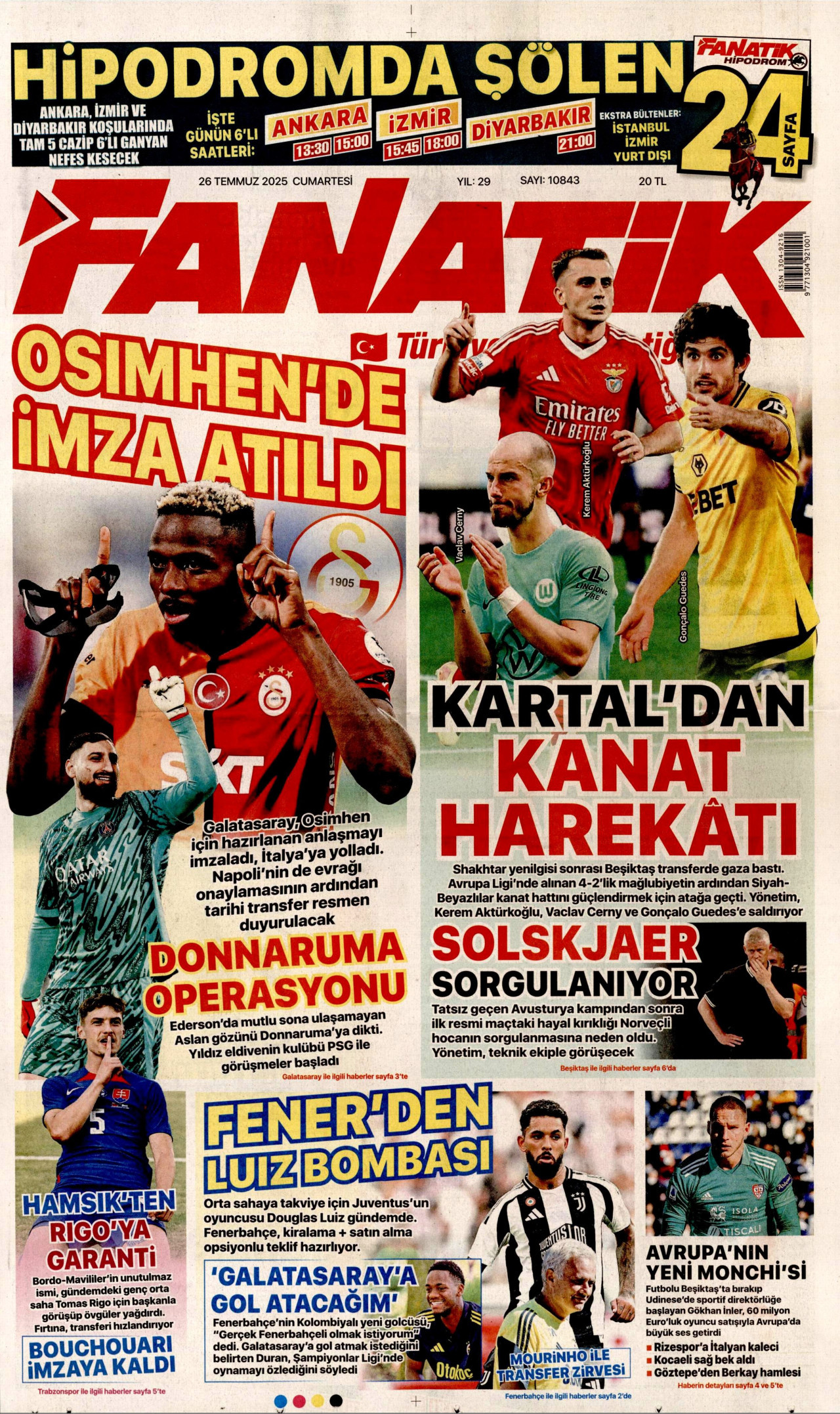 FANATİK gazetesinin 26 Temmuz 2025 tarihli birinci sayfası