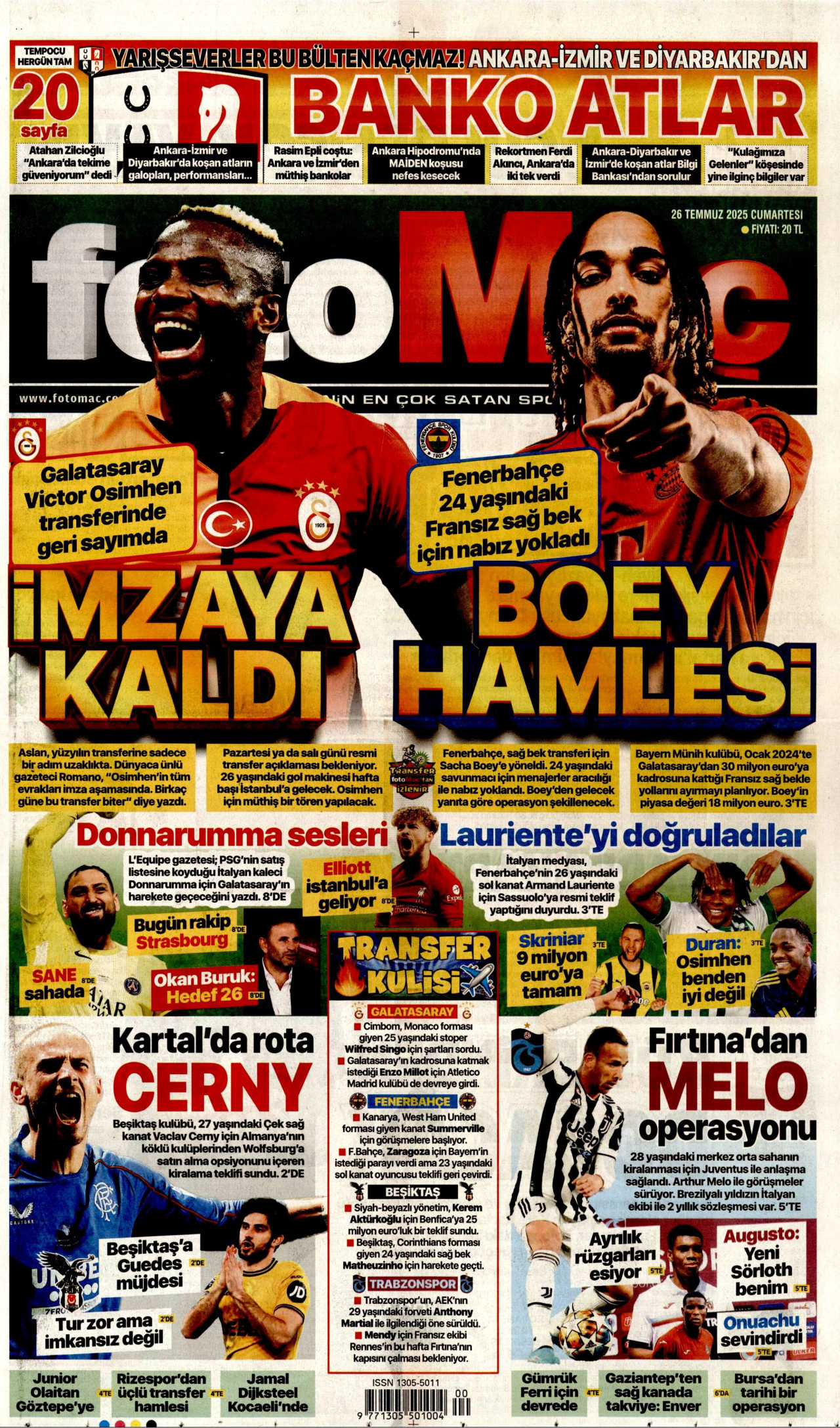 FOTOMAÇ gazetesinin 26 Temmuz 2025 tarihli birinci sayfası