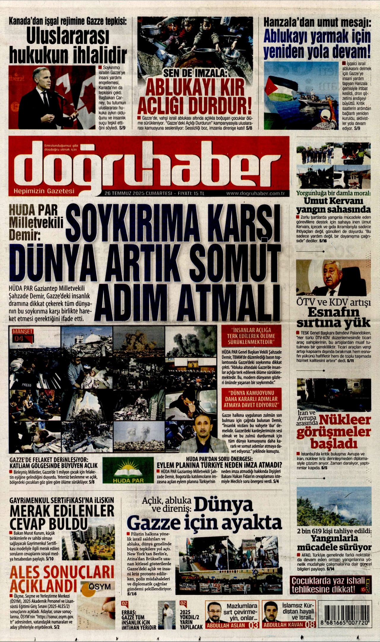 DOĞRU HABER gazetesinin 26 Temmuz 2025 tarihli birinci sayfası