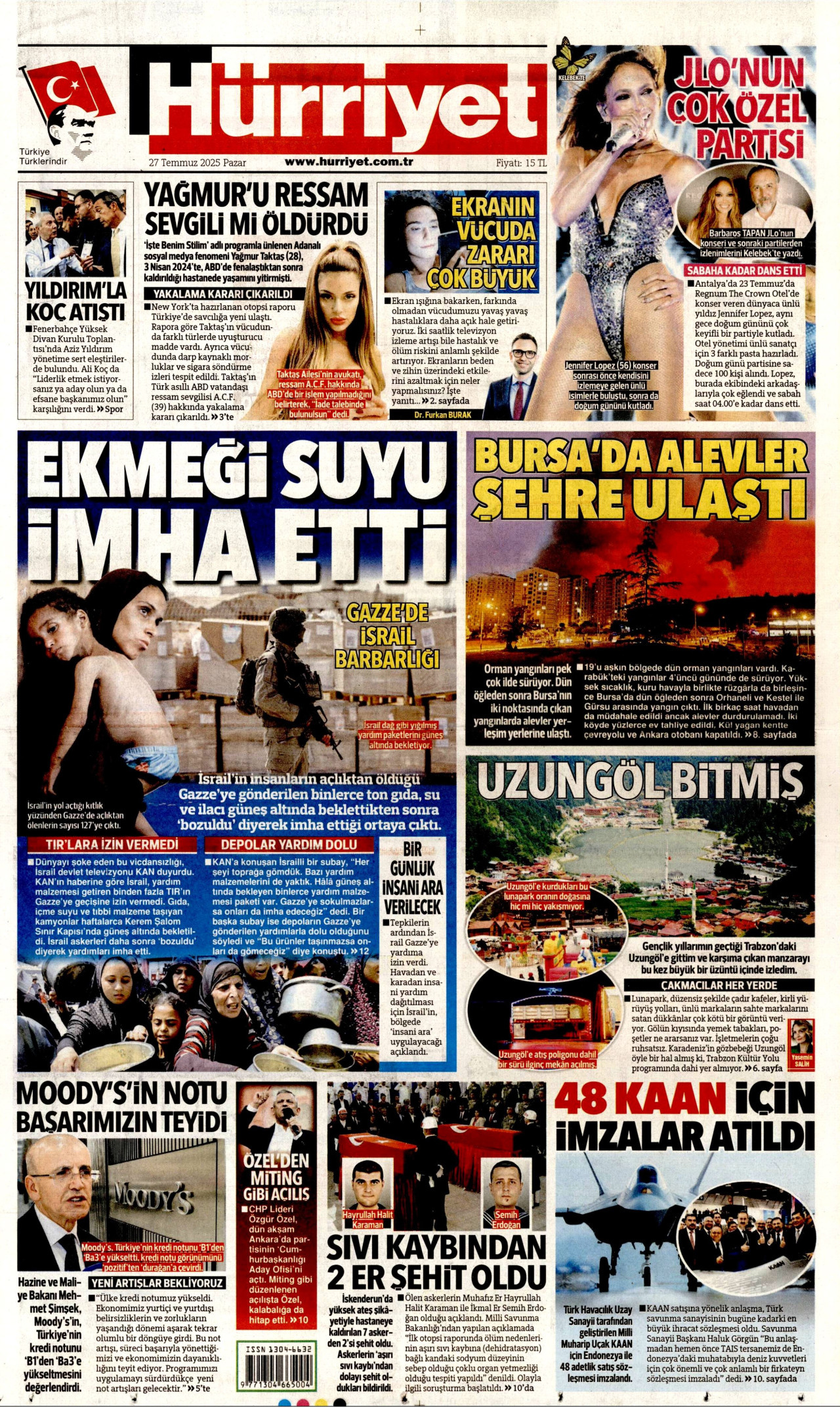 HÜRRİYET gazetesinin 27 Temmuz 2025 tarihli birinci sayfası