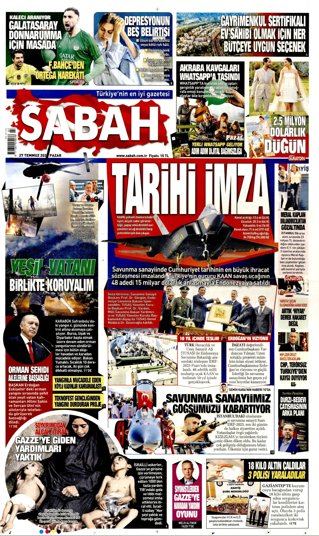 SABAH gazetesinin 27 Temmuz 2025 tarihli birinci sayfası