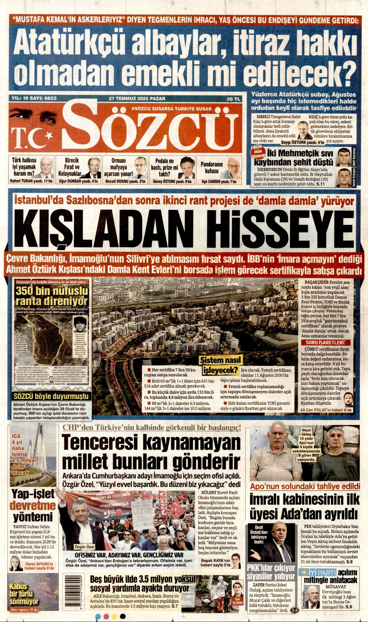 SÖZCÜ gazetesinin 27 Temmuz 2025 tarihli birinci sayfası