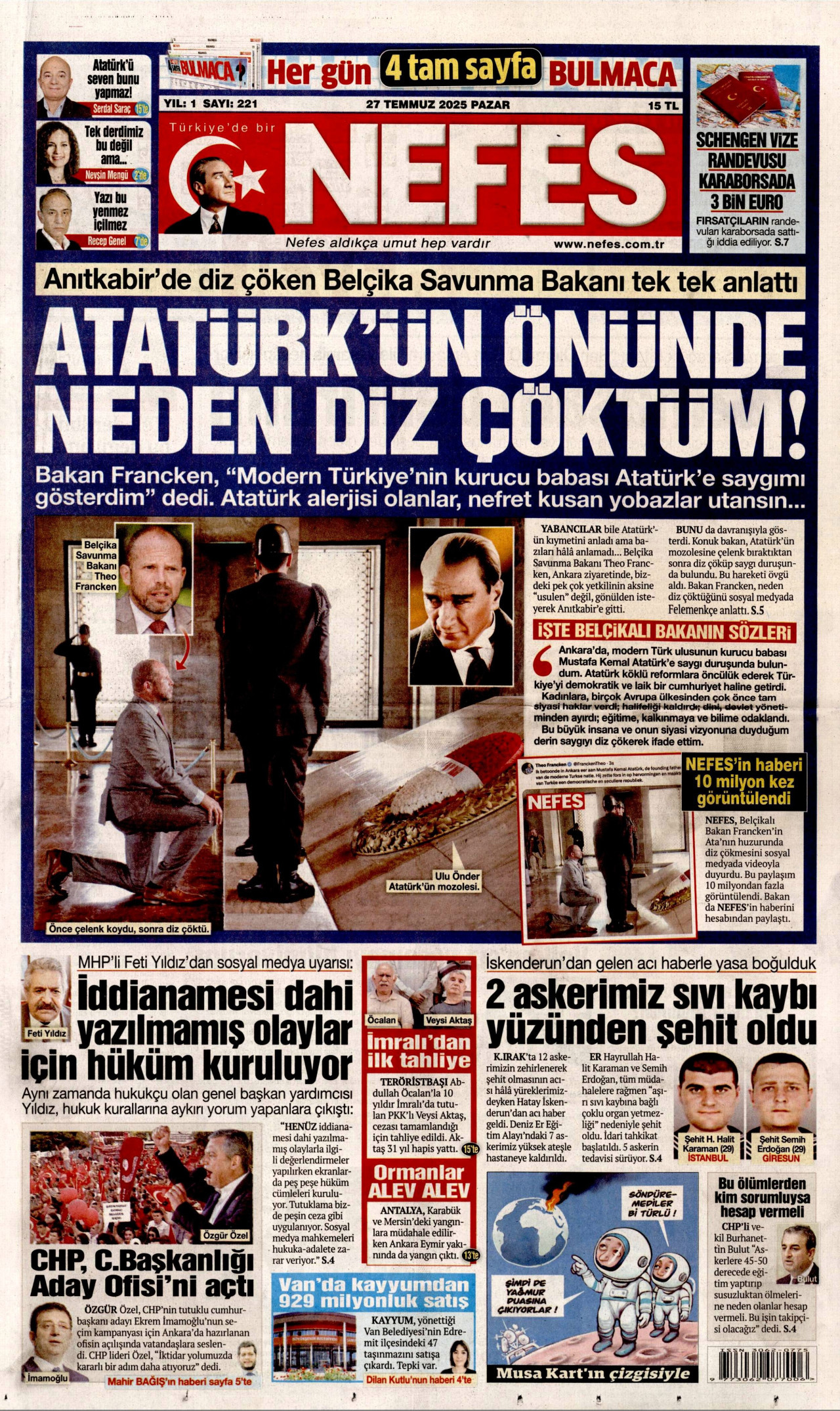 NEFES gazetesinin 27 Temmuz 2025 tarihli birinci sayfası