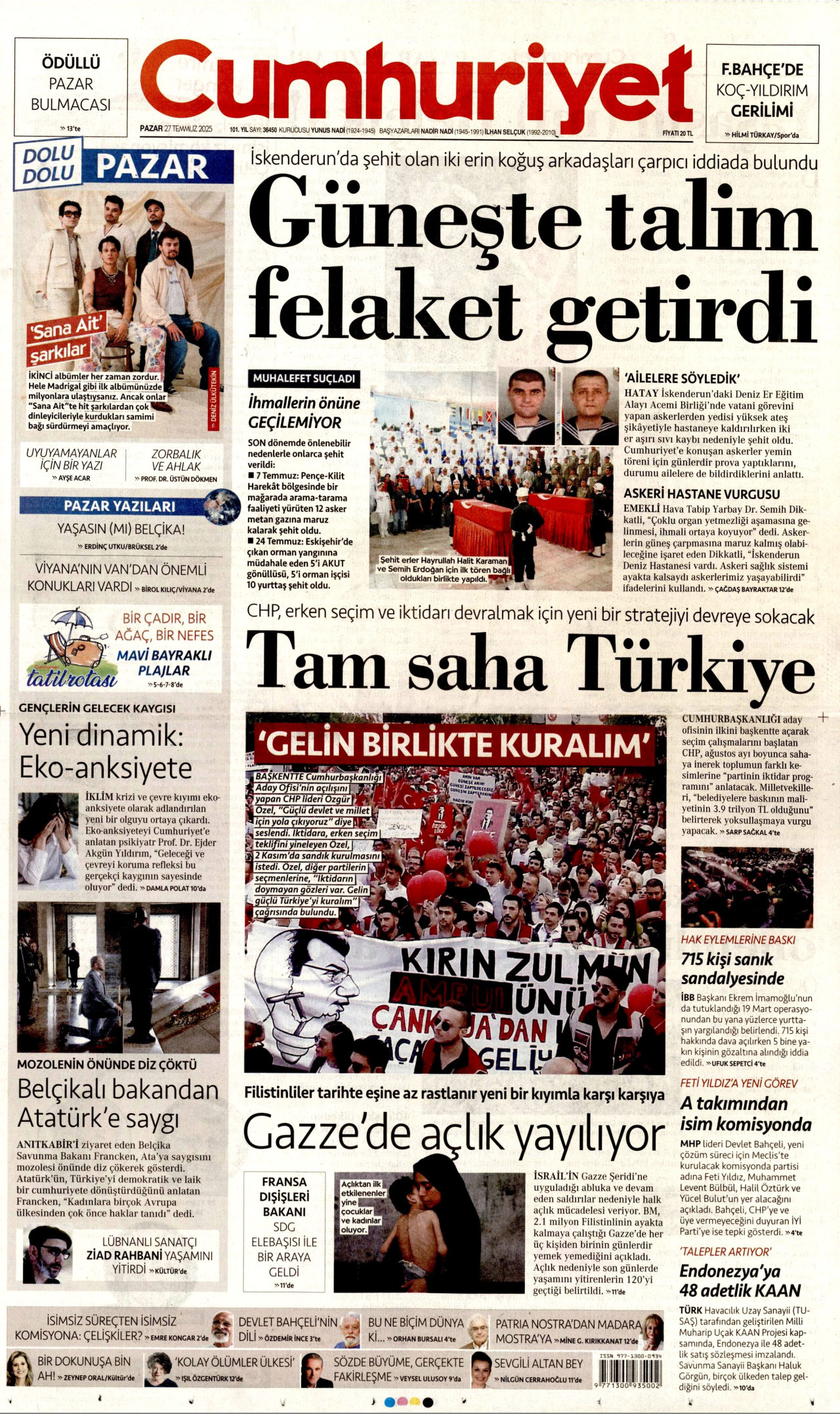 CUMHURİYET gazetesinin 27 Temmuz 2025 tarihli birinci sayfası
