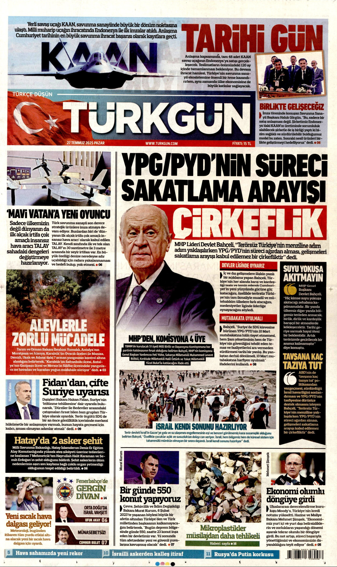 TÜRKGÜN gazetesinin 27 Temmuz 2025 tarihli birinci sayfası