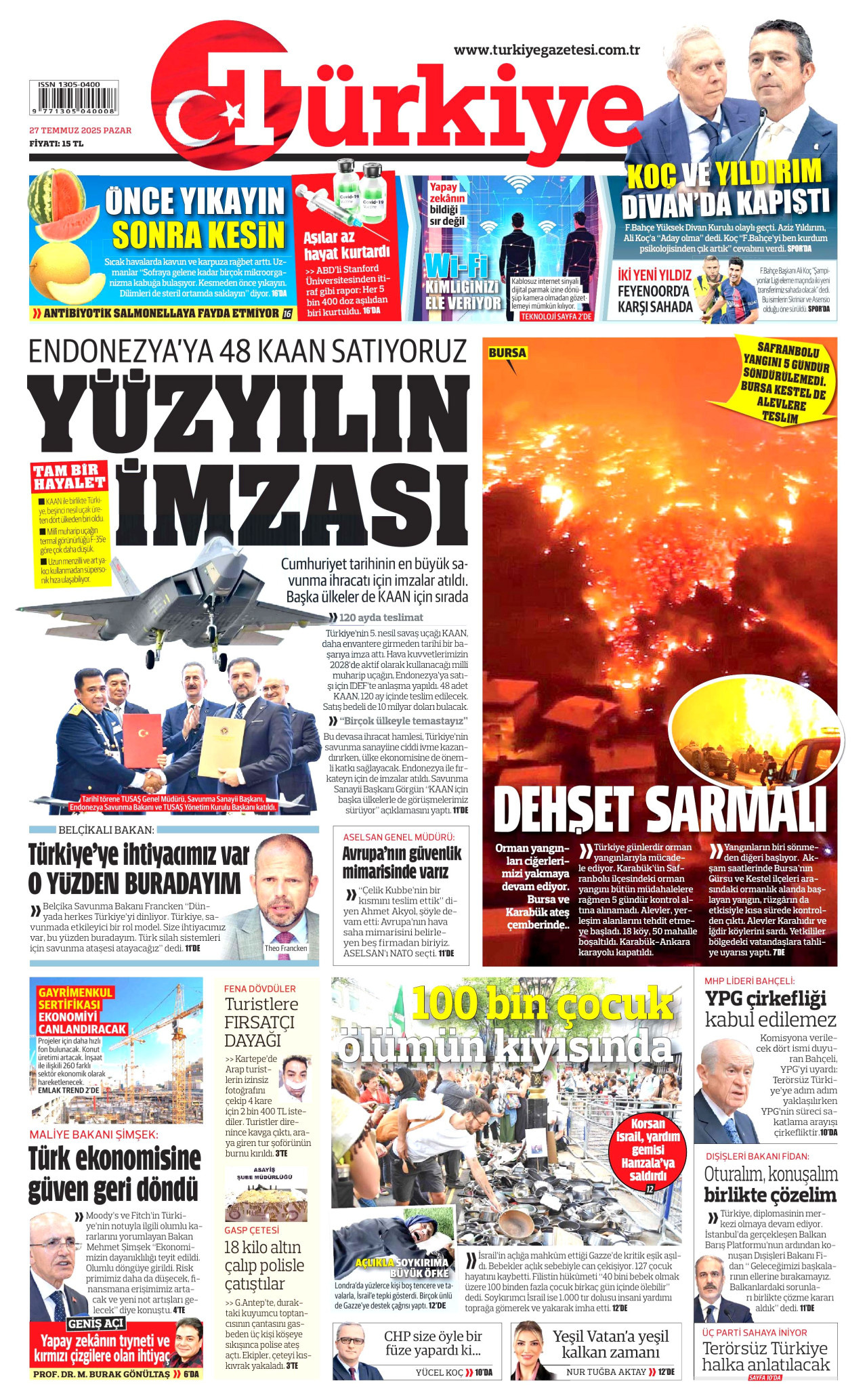 TÜRKİYE GAZETESİ gazetesinin 27 Temmuz 2025 tarihli birinci sayfası