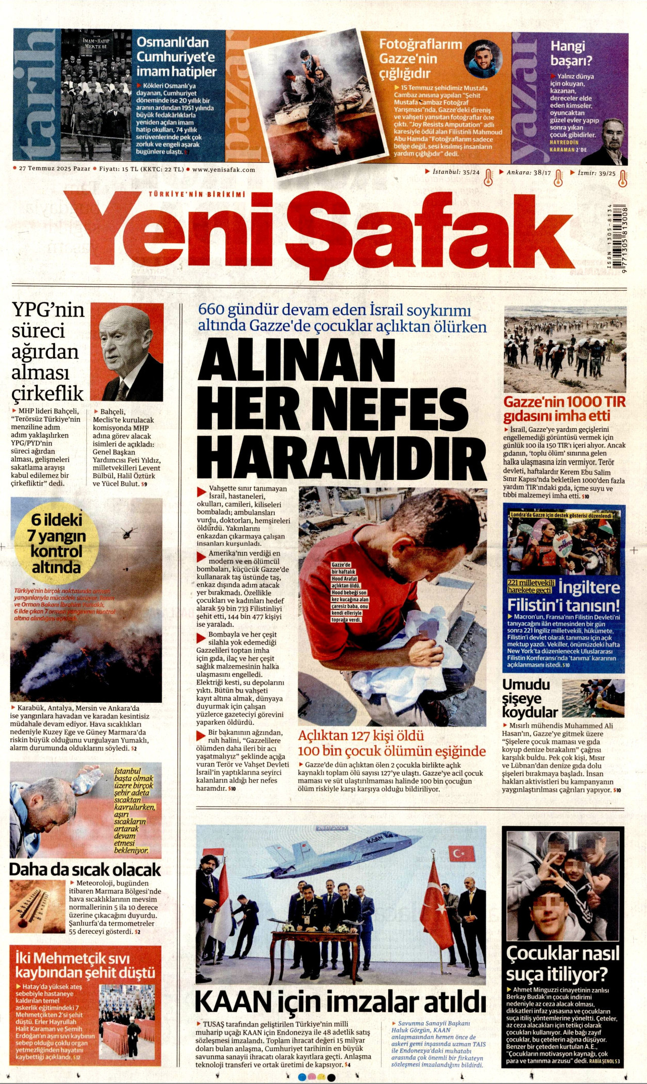 YENİ ŞAFAK gazetesinin 27 Temmuz 2025 tarihli birinci sayfası